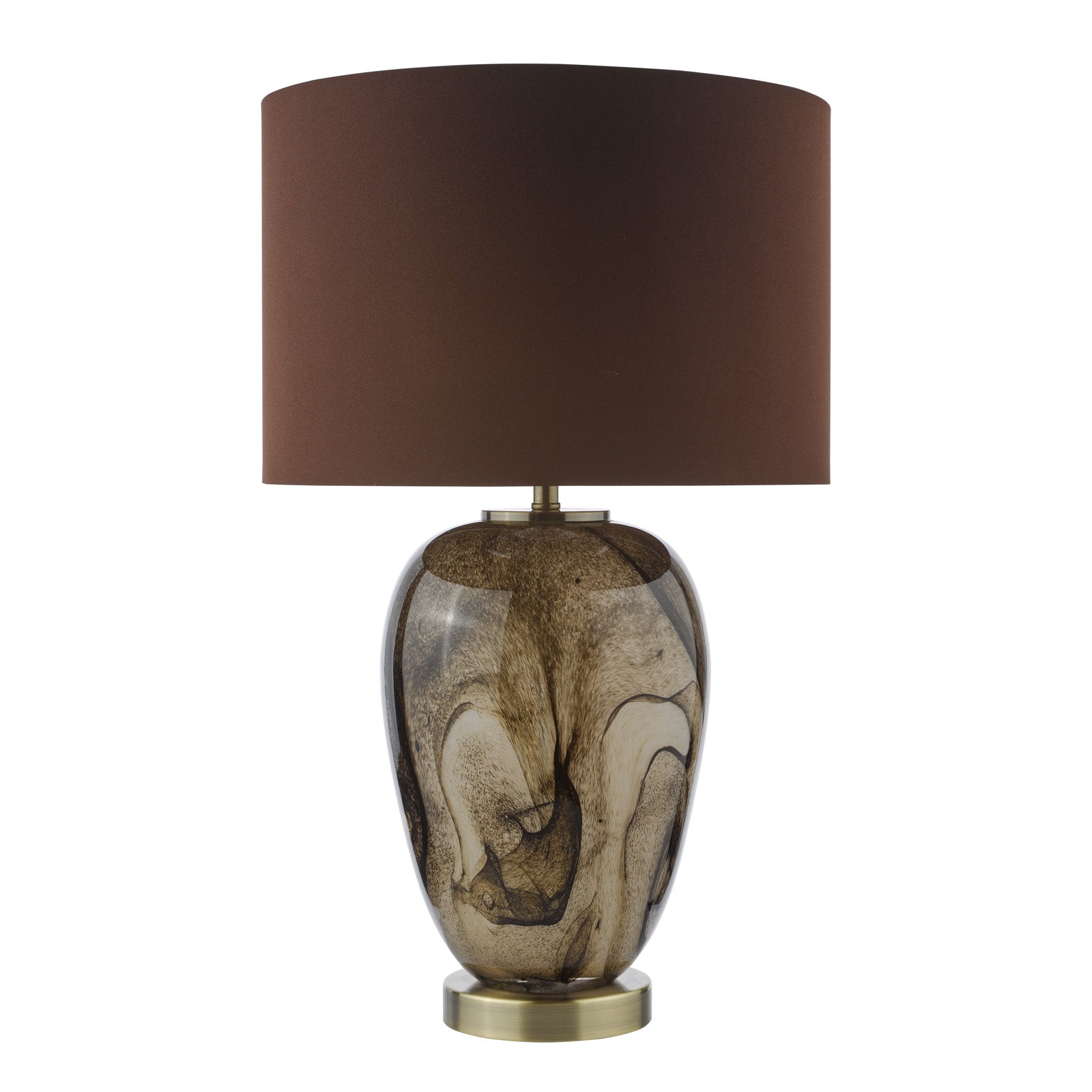 Egas Table Lamp Brown Marble Effect Glass and Antique Brass With Shade E27