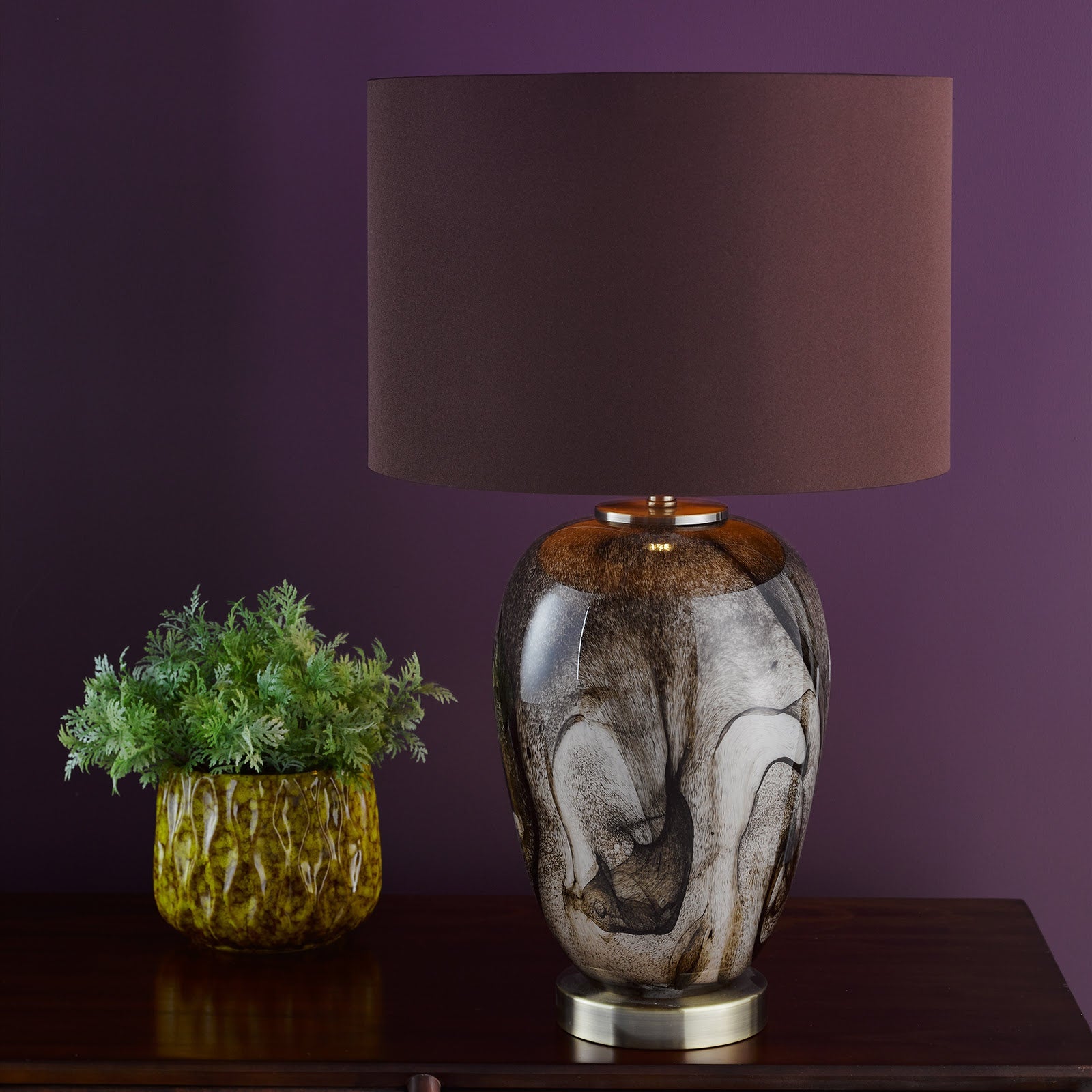 Egas Table Lamp Brown Marble Effect Glass and Antique Brass With Shade E27