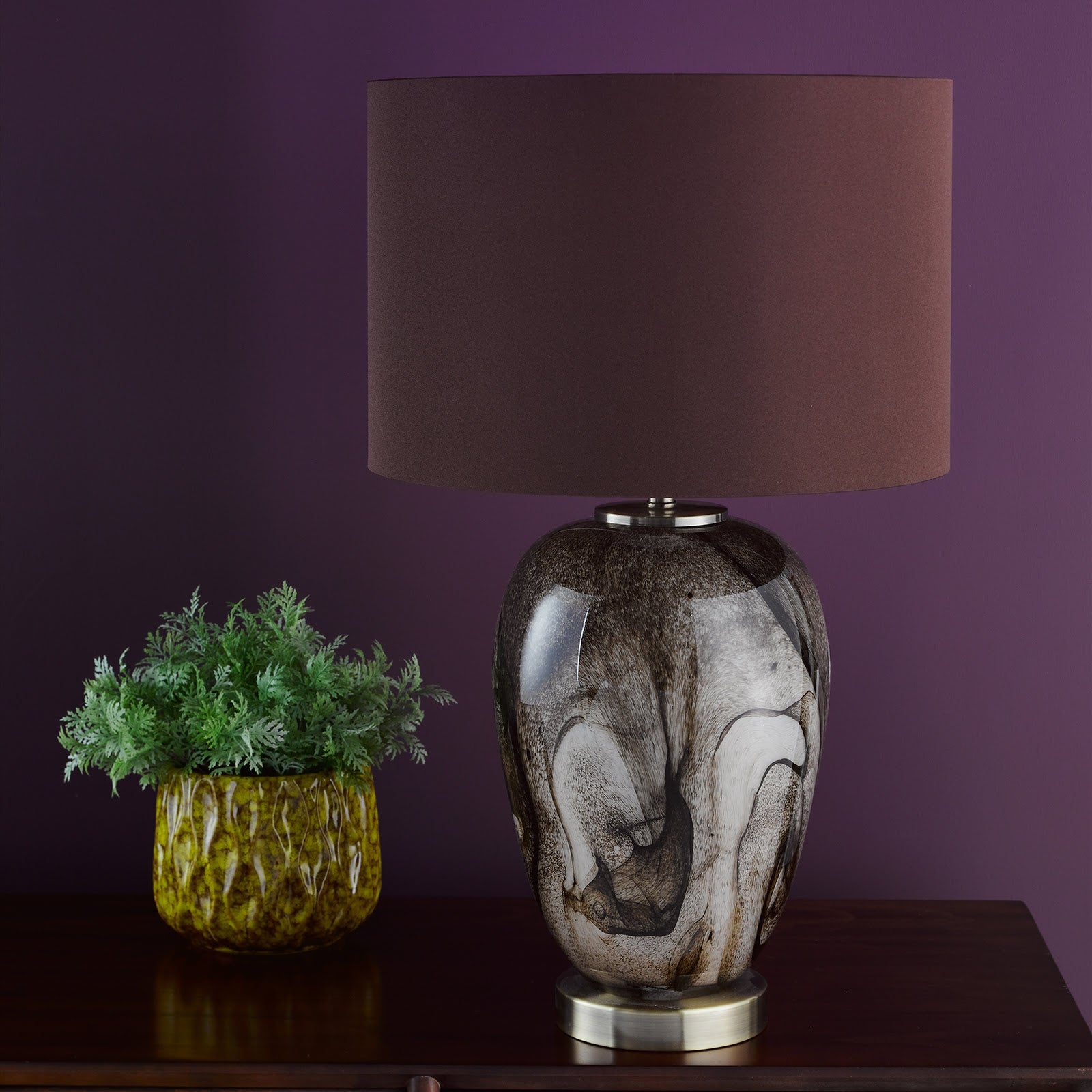 Egas Table Lamp Brown Marble Effect Glass and Antique Brass With Shade E27