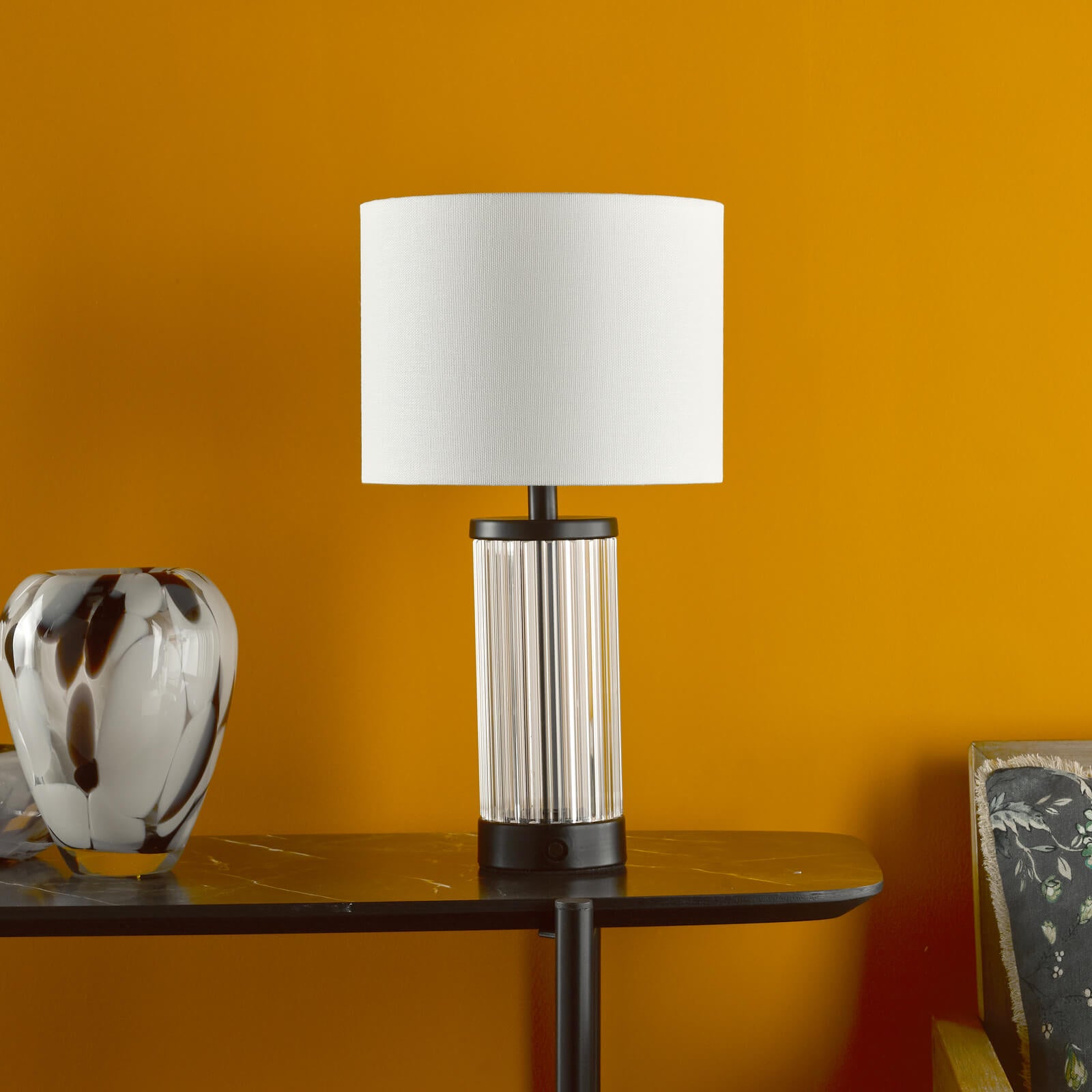 Enrico Rechargeable Table Lamp Polished Nickel/Satin Black and Glass With Shade Integrated LED