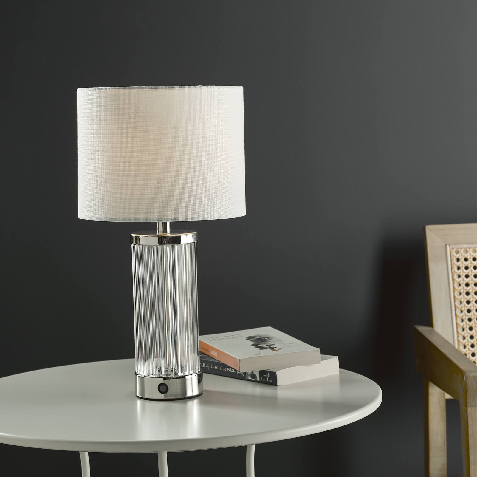 Enrico Rechargeable Table Lamp Polished Nickel/Satin Black and Glass With Shade Integrated LED