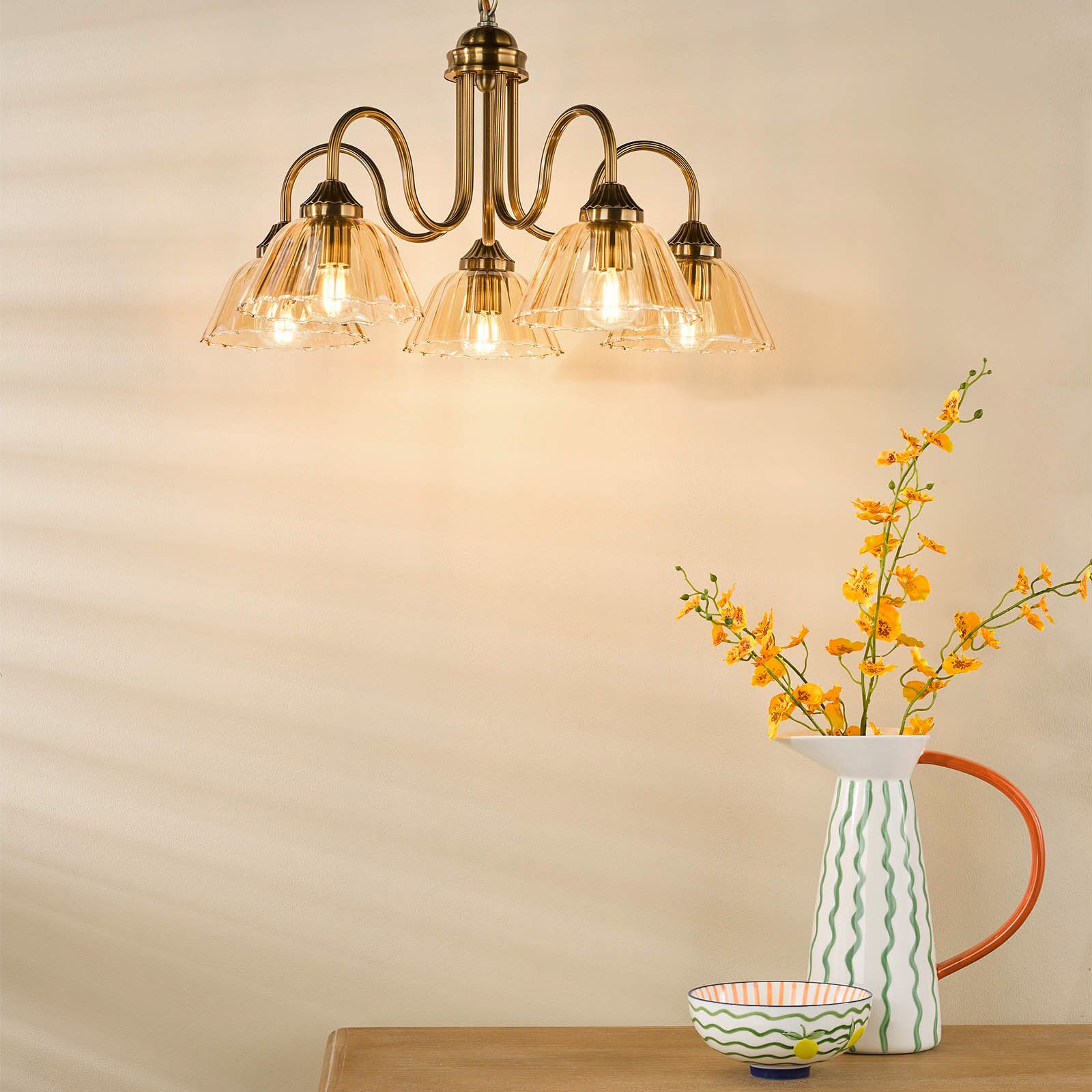Erika 5 Light Ceiling Light-  Antique Bronze and Amber Glass