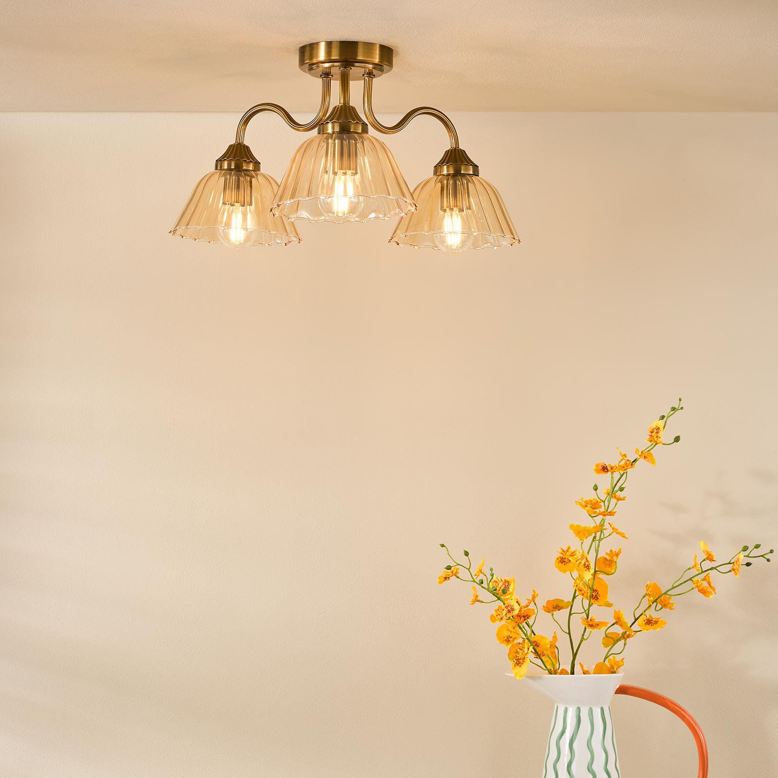 Erika 3 Lt Semi Flush Light-  Antique Bronze and Amber Glass