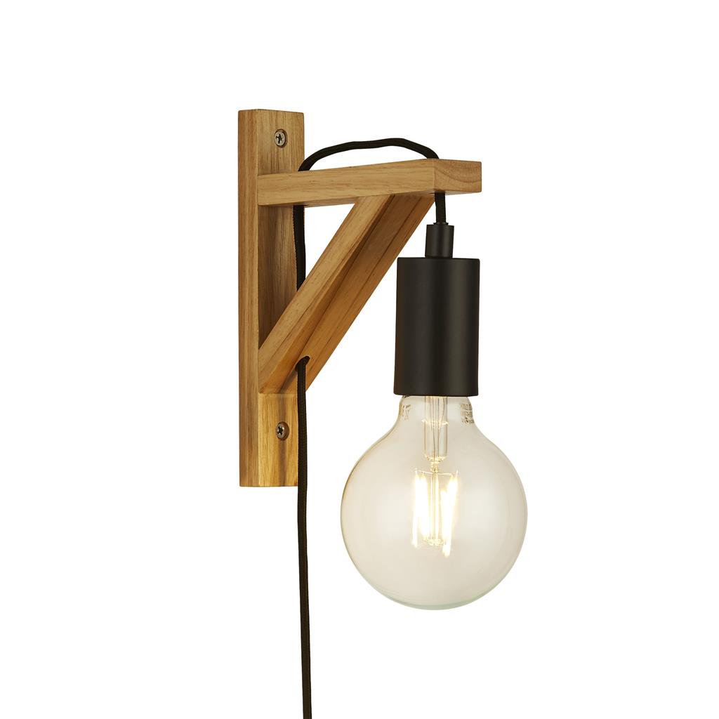 Woody Plug In Wall Light - Natural Wood & Black Metal E27