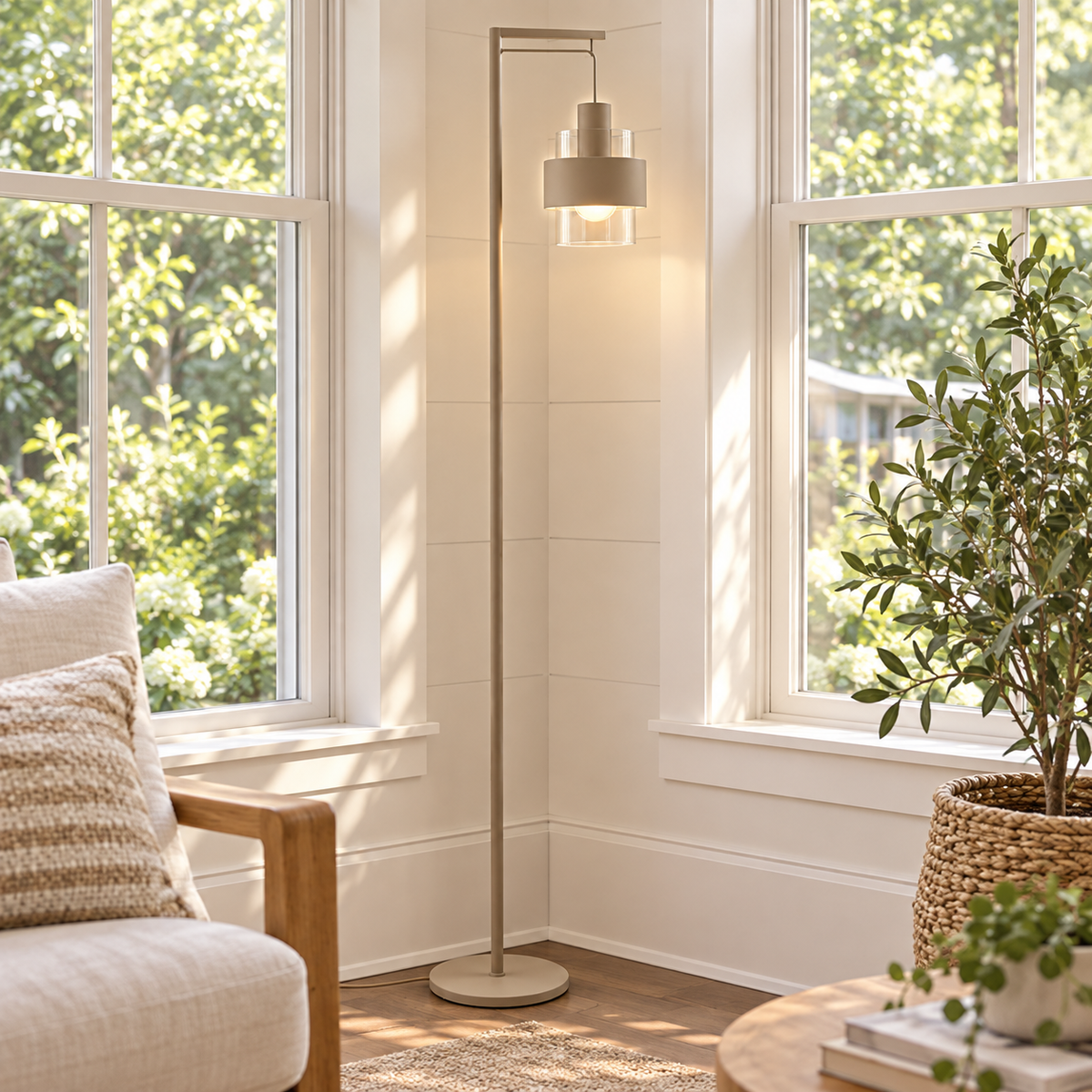 Mela Floor Lamp E27-   Beige, Brass & Amber/Brass & Smoke