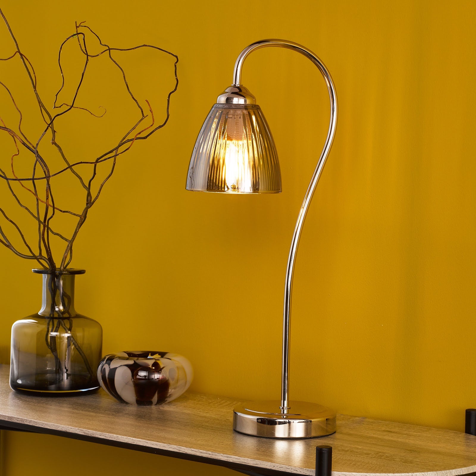 Glynis Table Lamp Antique Bronze/Polished Nickel & Ribbed Glass E14
