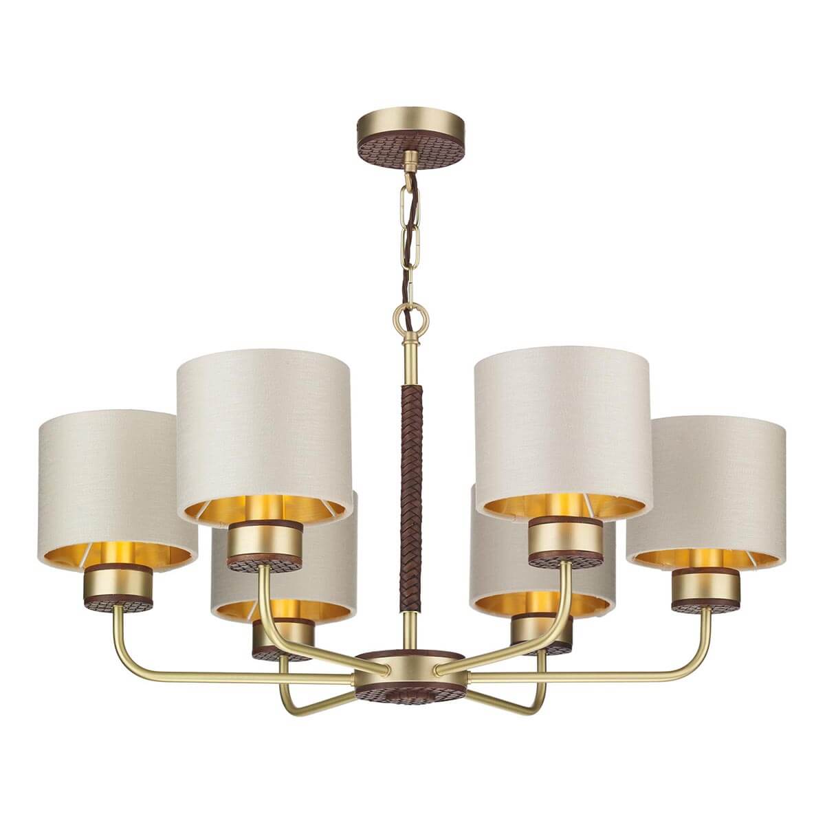 David Hunt Hunter 6 Light Multi-Arm Pendant Butter Brass With Leather Effect Complete With Limestone Linen Shades And Gold Lining