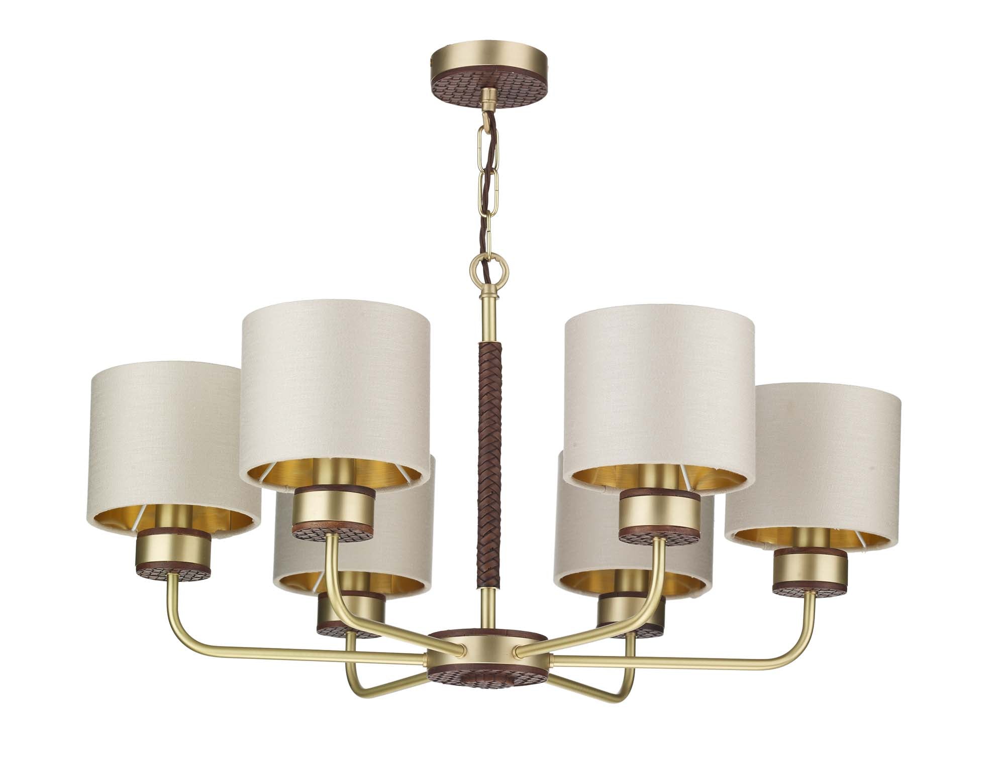 David Hunt Hunter 6 Light Multi-Arm Pendant Butter Brass With Leather Effect Complete With Limestone Linen Shades And Gold Lining