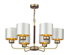 David Hunt Hunter 6 Light Multi-Arm Pendant Butter Brass With Leather Effect Complete With Limestone Linen Shades And Gold Lining