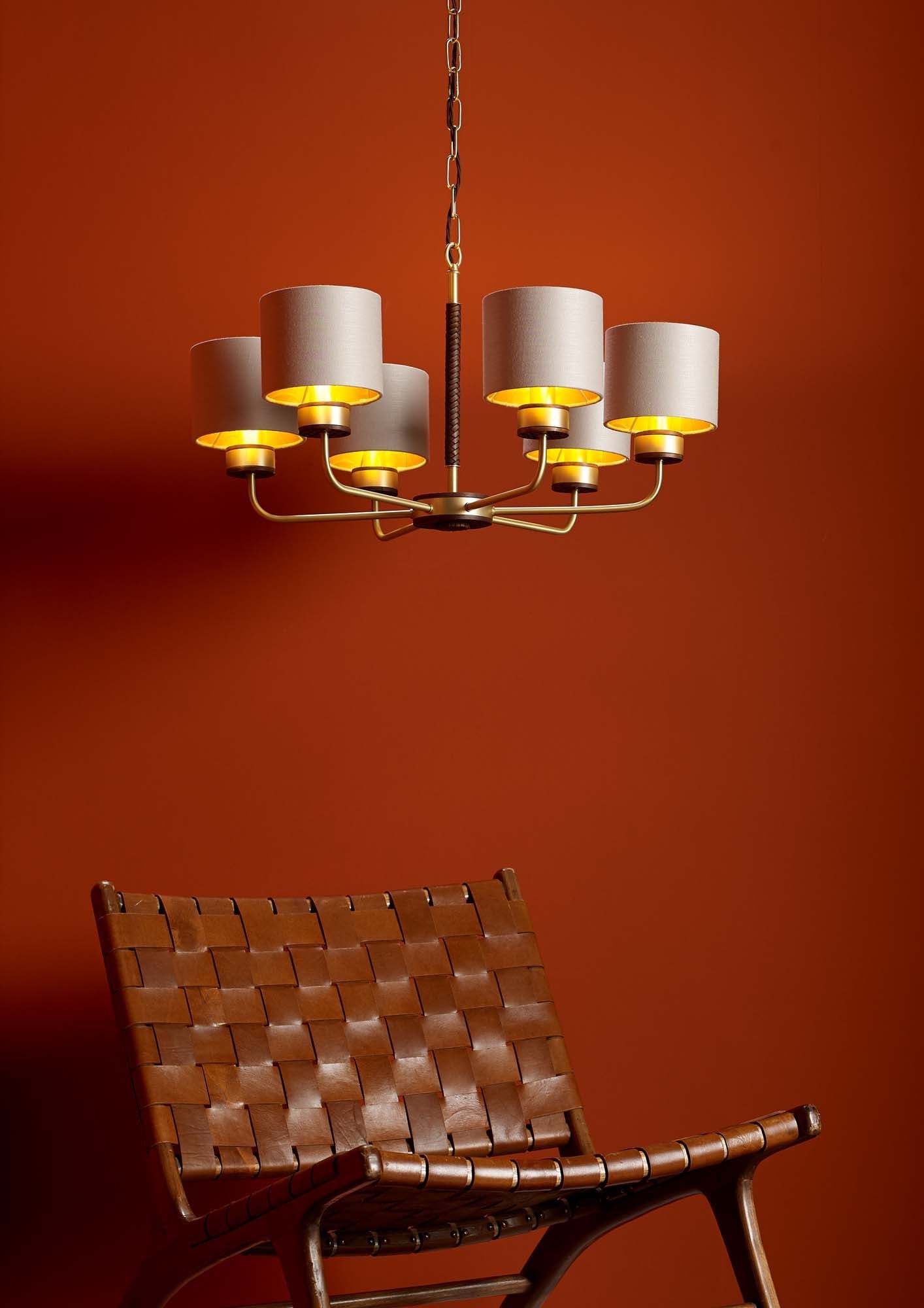 David Hunt Hunter 6 Light Multi-Arm Pendant Butter Brass With Leather Effect Complete With Limestone Linen Shades And Gold Lining