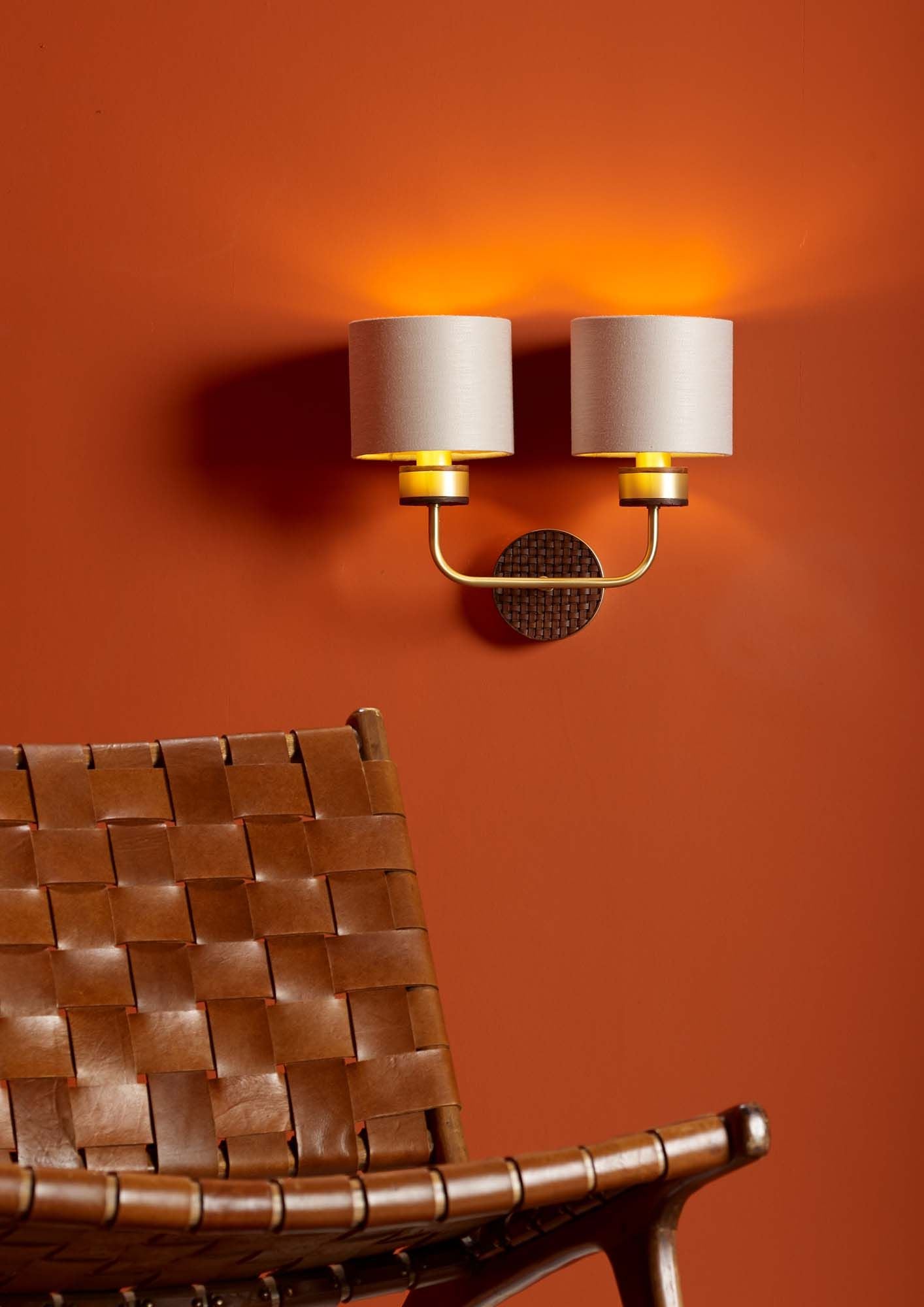Hunter Single/Double Wall Light in Butter Brass with Leather Effect