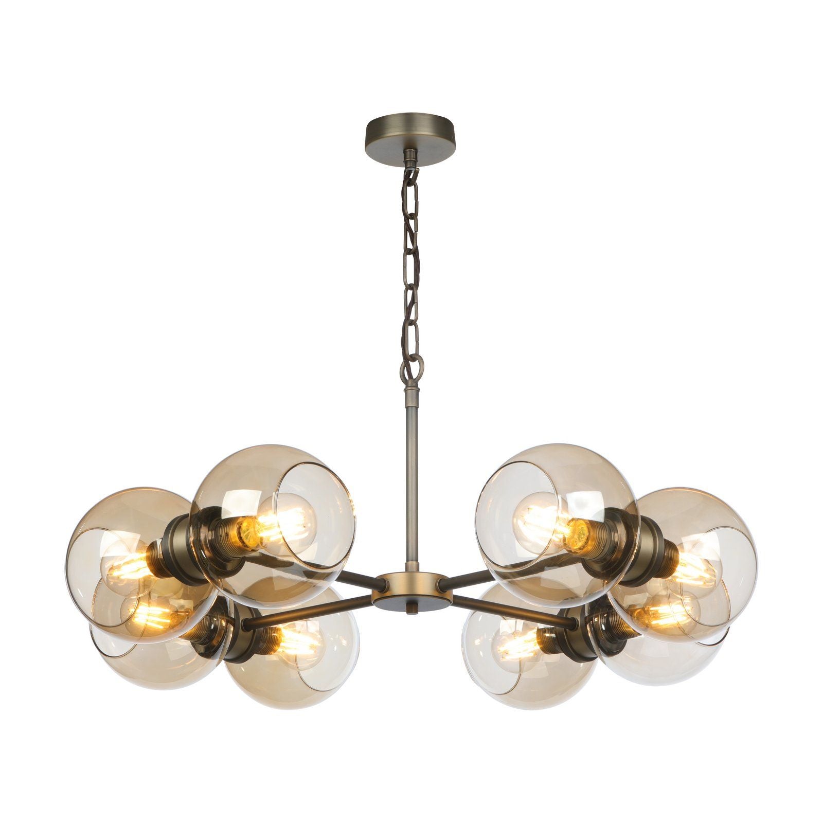 Juno 8/16 Light Pendant Antique Brass and Amber Glass