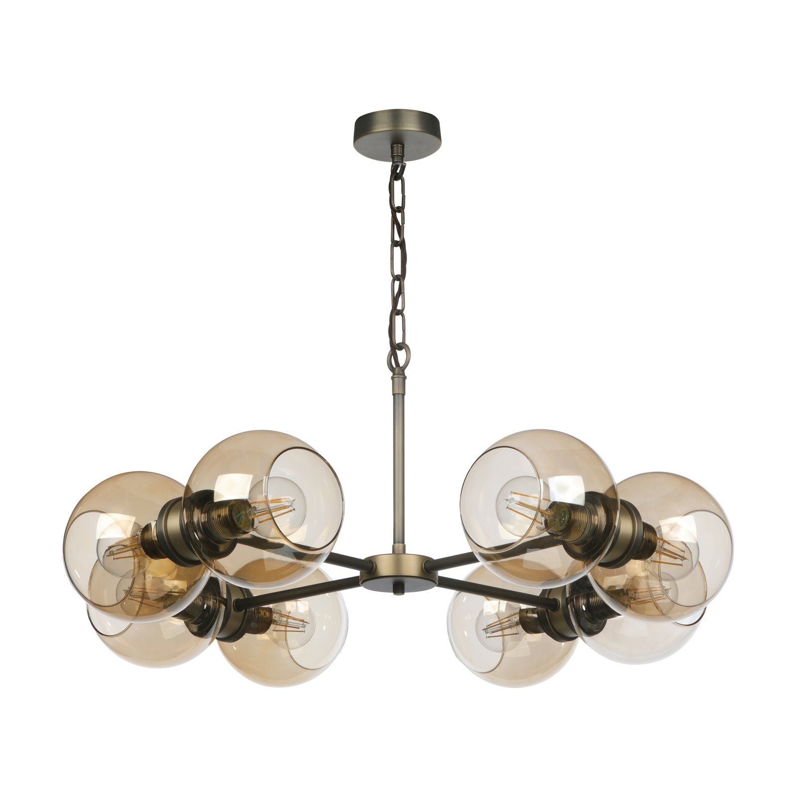 Juno 8/16 Light Pendant Antique Brass and Amber Glass