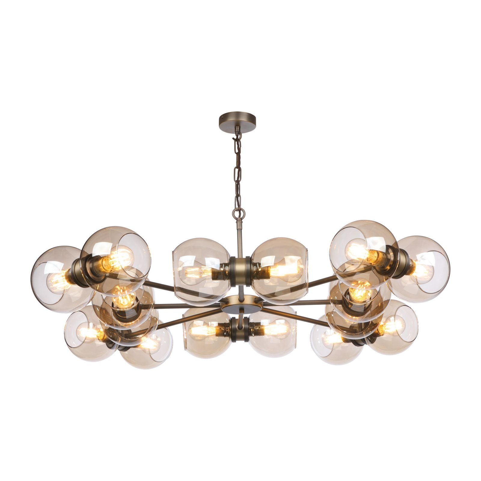 Juno 8/16 Light Pendant Antique Brass and Amber Glass