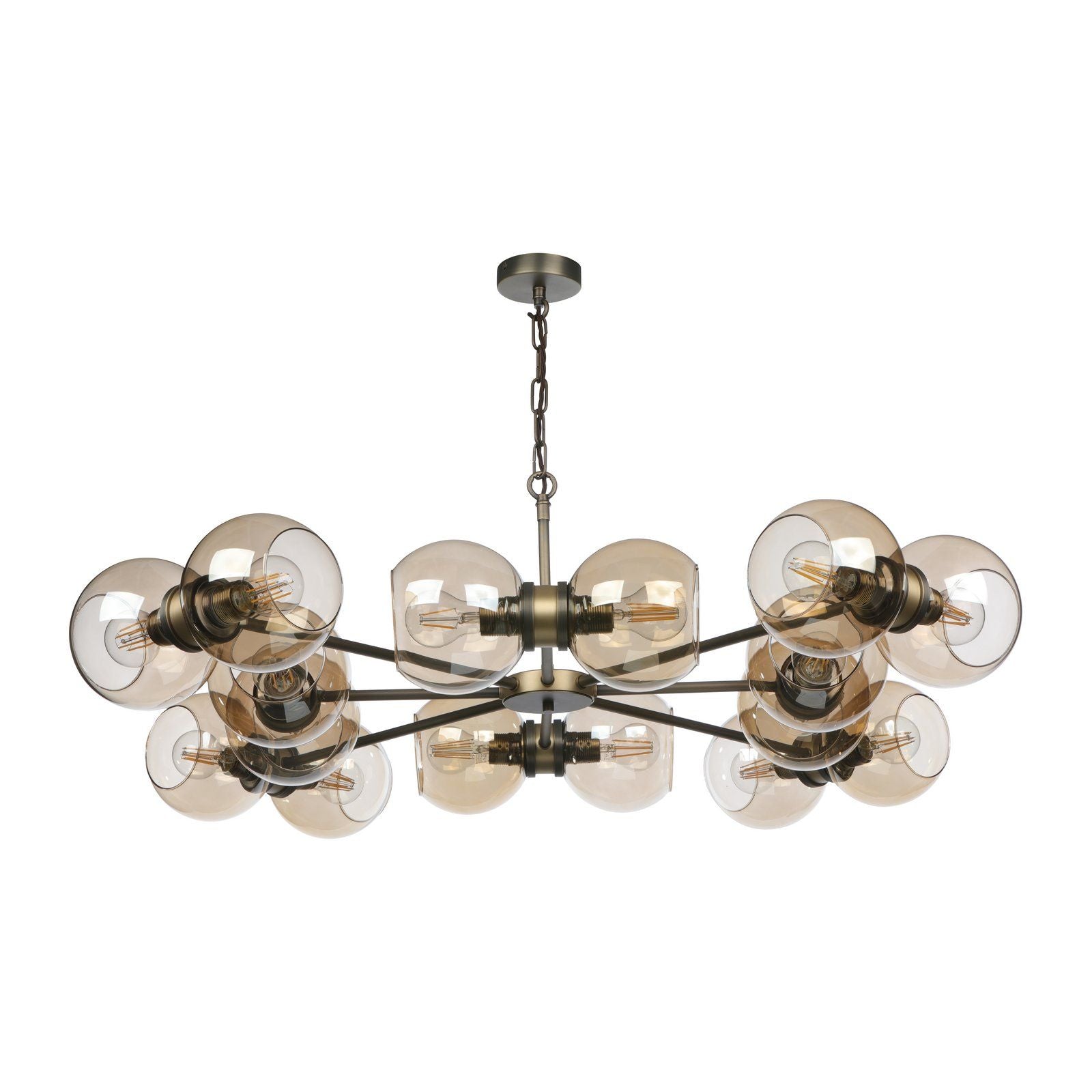 Juno 8/16 Light Pendant Antique Brass and Amber Glass