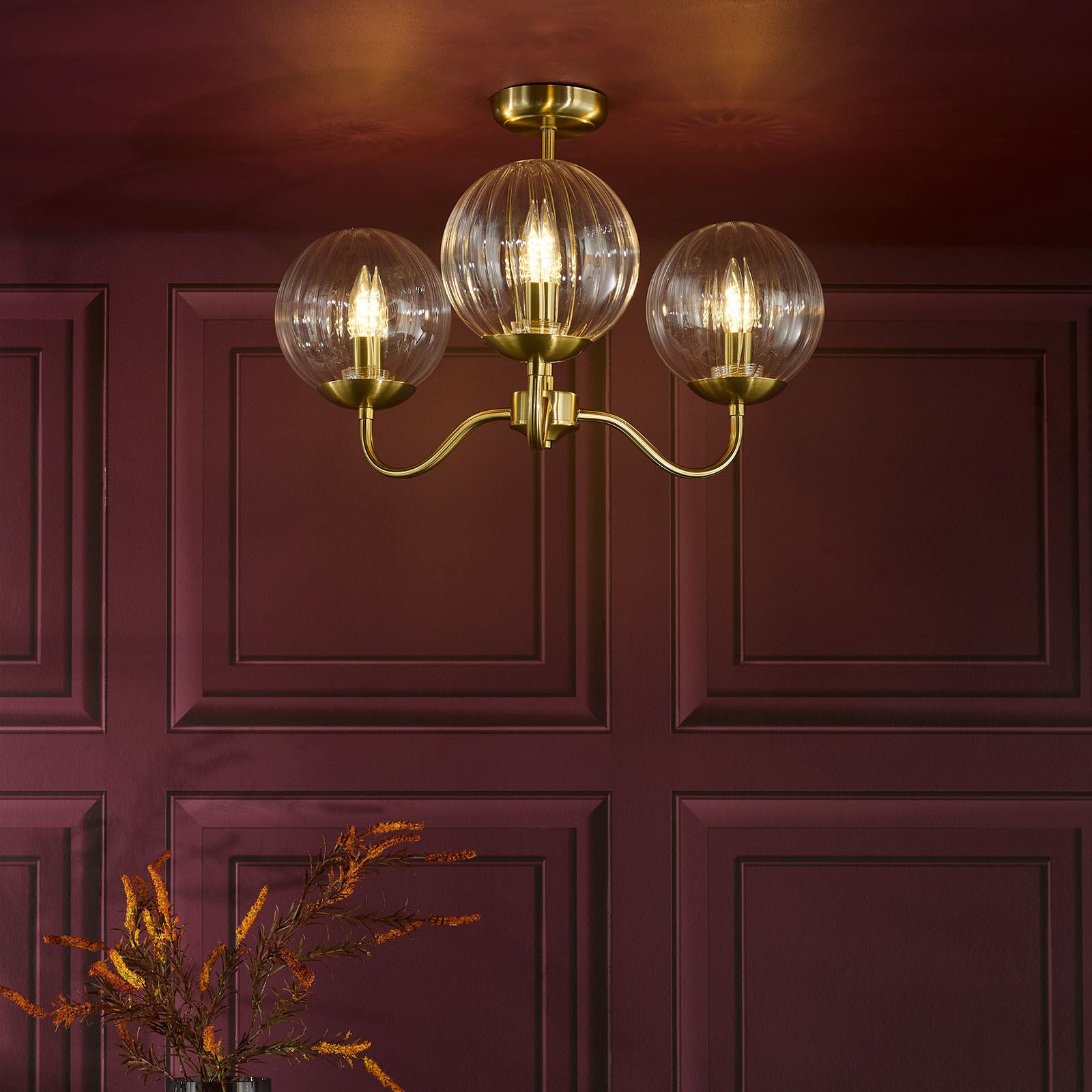 Jocelyn 3 Light Semi-Flush Ceiling Light- Natural Brass and Glass