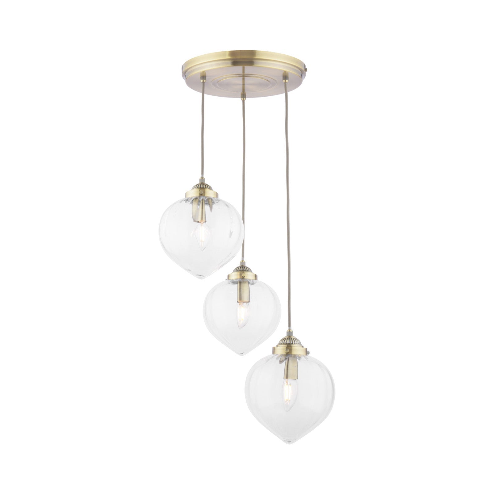 Whitham 3 Light Cluster Pendant Polished Nickel/Antique Brass and Ribbed Glass E14