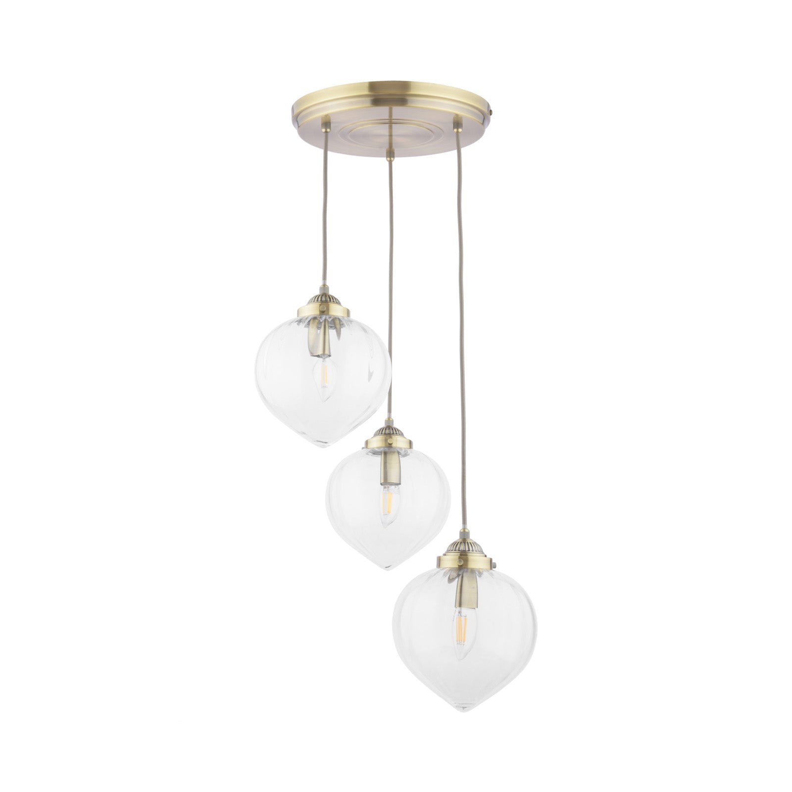 Whitham 3 Light Cluster Pendant Polished Nickel/Antique Brass and Ribbed Glass E14