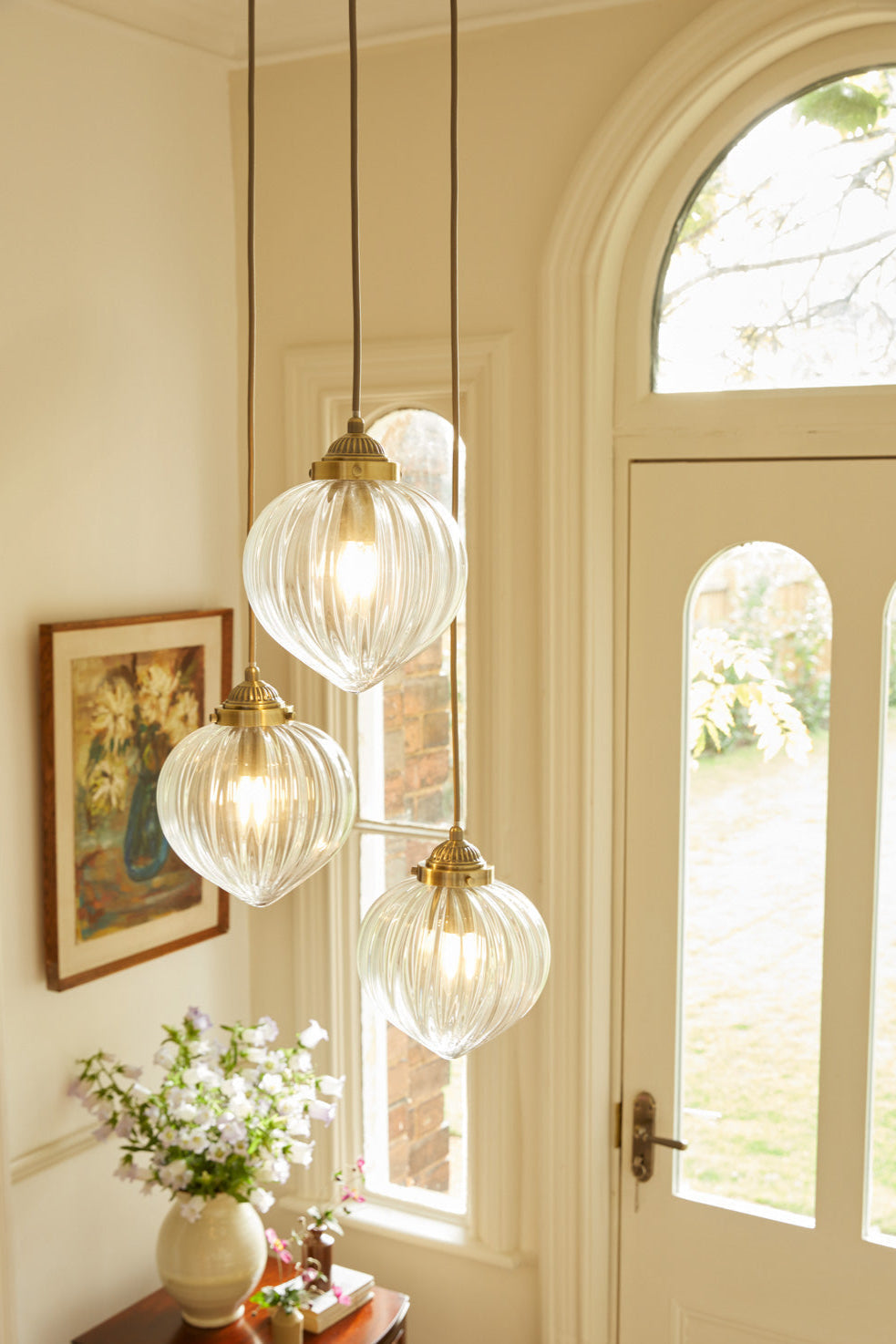 Whitham 3 Light Cluster Pendant Polished Nickel/Antique Brass and Ribbed Glass E14