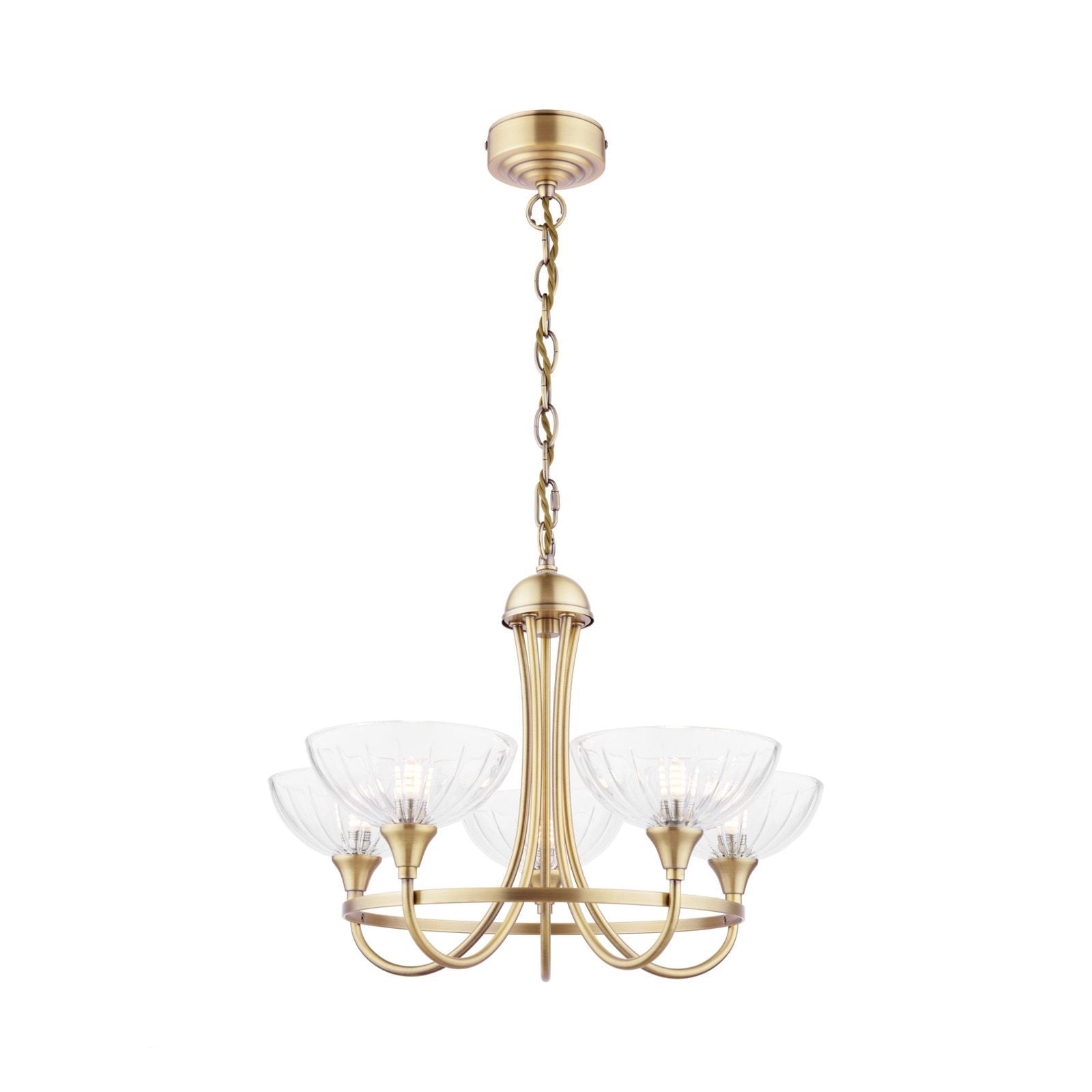 Wellham 5 Light Armed Pendant- Polished Nickel/Antique Brass and Ribbed Glass