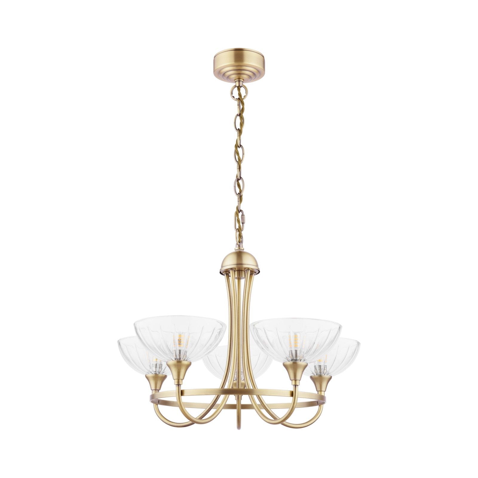 Wellham 5 Light Armed Pendant- Polished Nickel/Antique Brass and Ribbed Glass