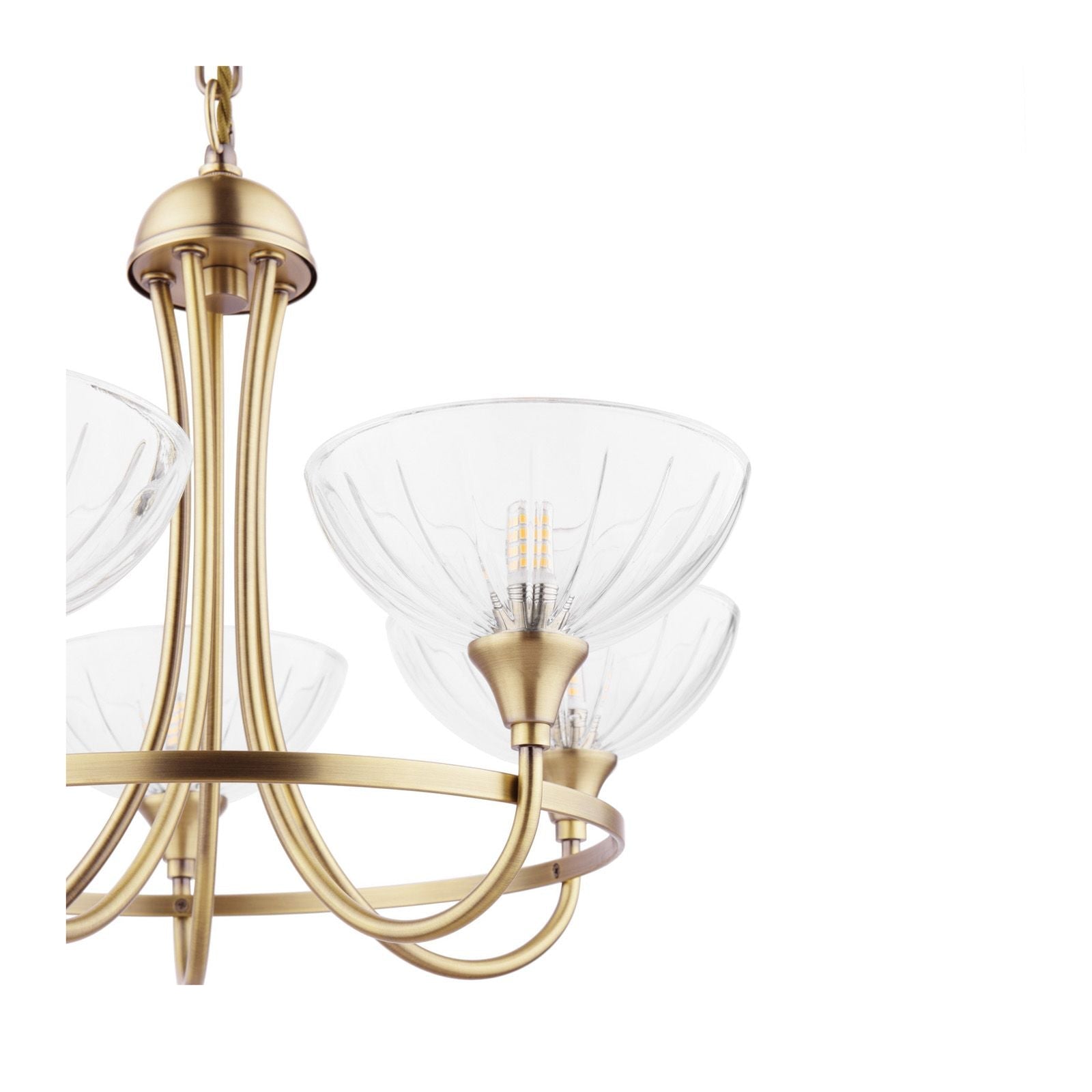 Wellham 5 Light Armed Pendant- Polished Nickel/Antique Brass and Ribbed Glass