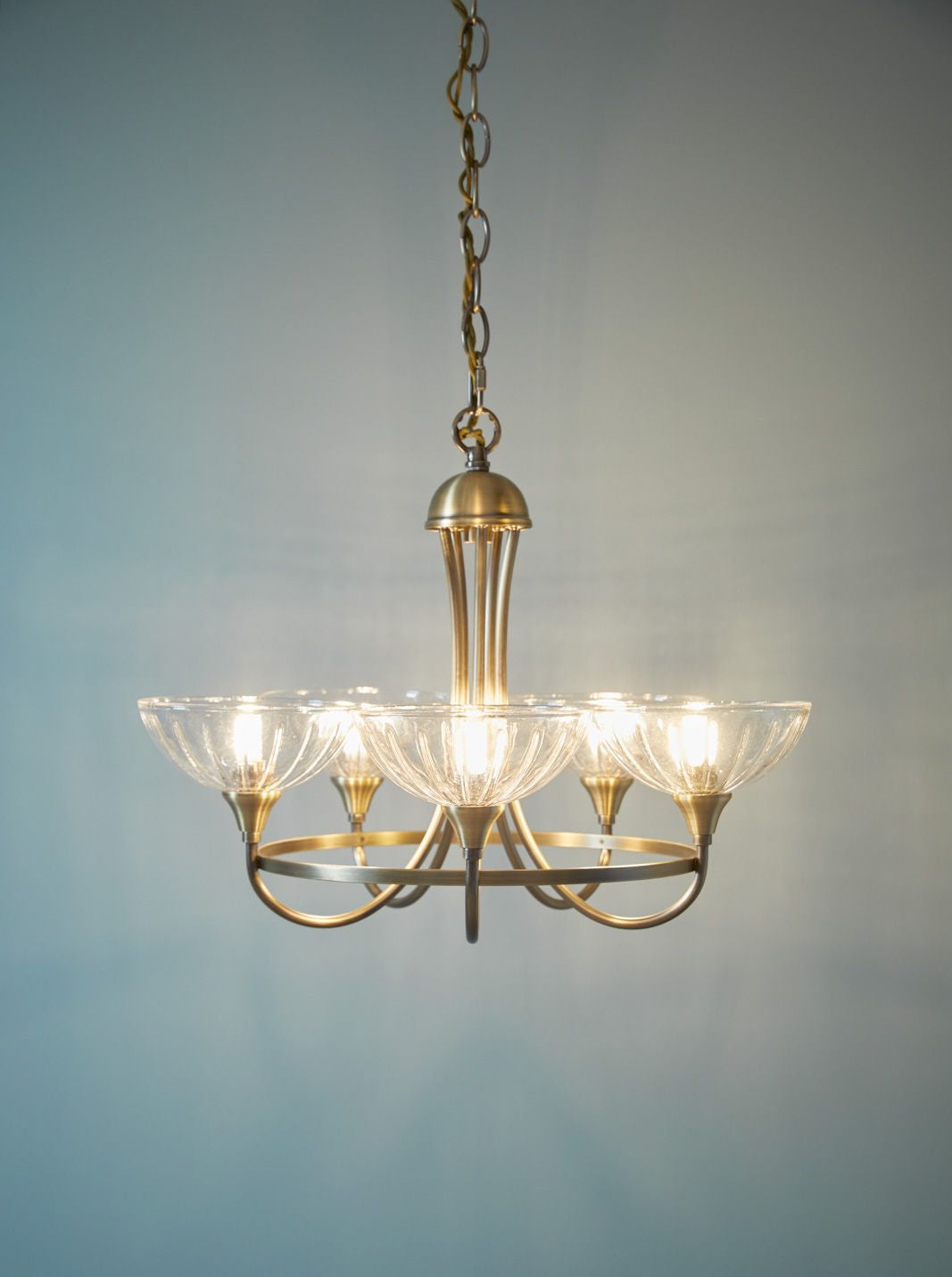 Wellham 5 Light Armed Pendant- Polished Nickel/Antique Brass and Ribbed Glass