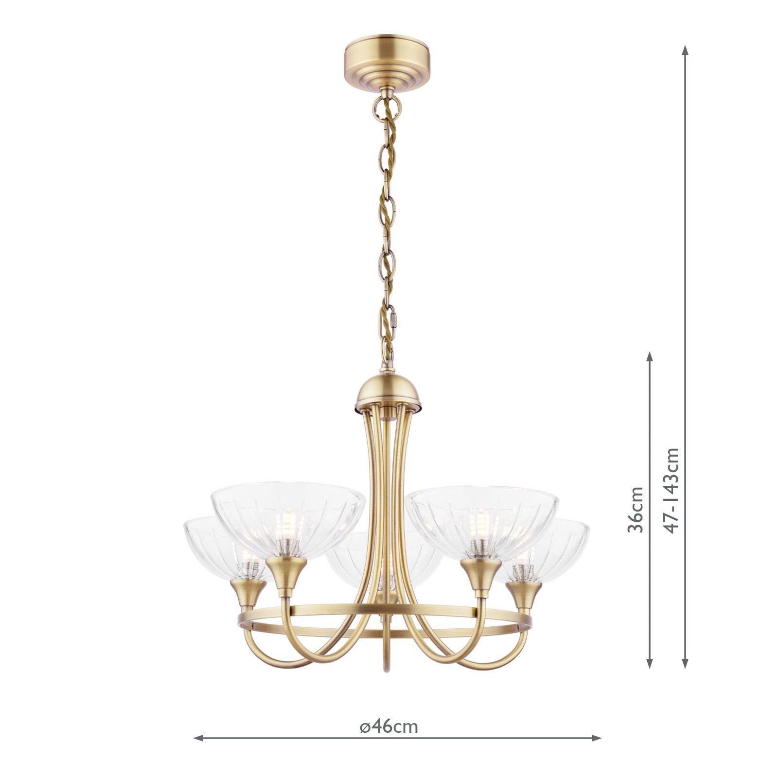 Wellham 5 Light Armed Pendant- Polished Nickel/Antique Brass and Ribbed Glass