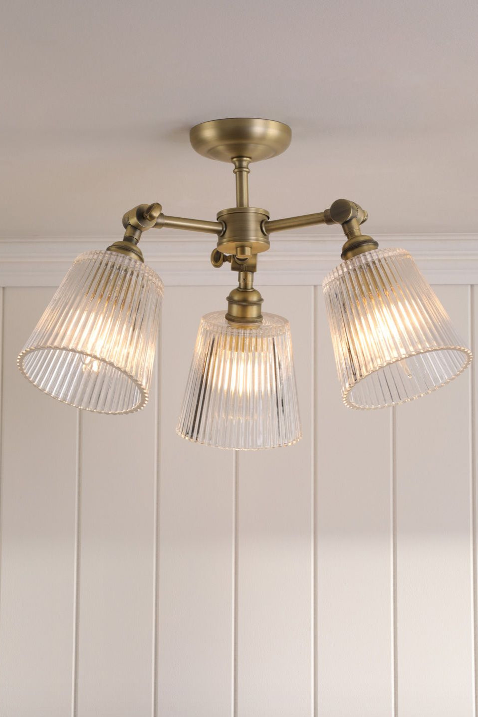 Callaghan 3 Light Semi-Flush Matt Antique Brass and Ribbed Glass E14