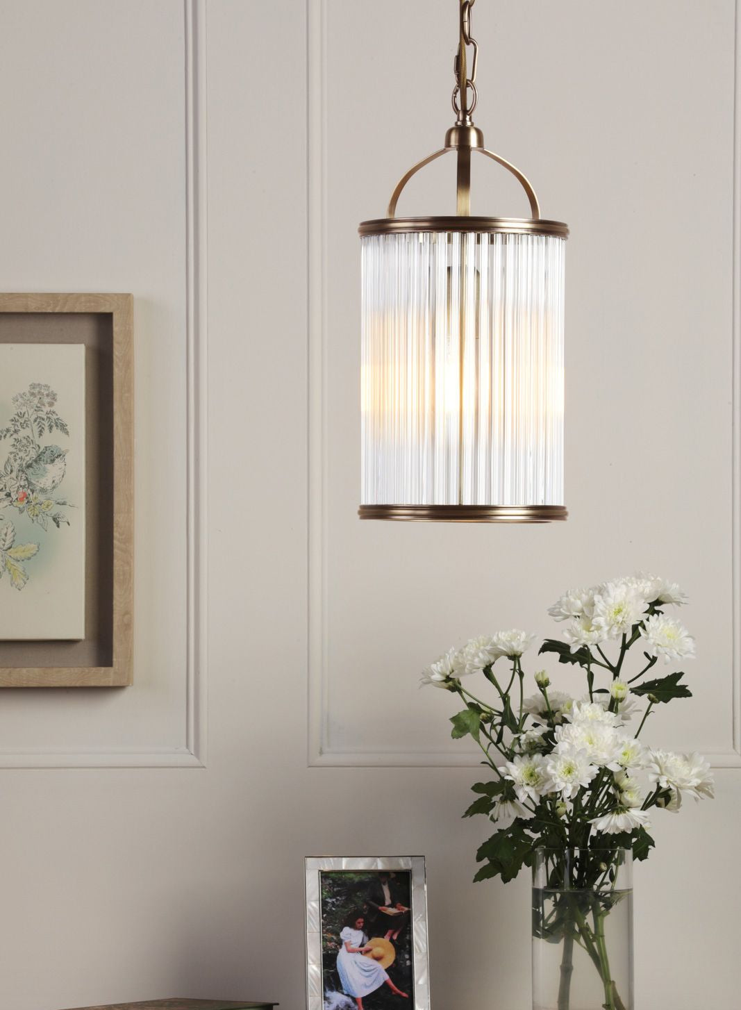 Sutton Single Pendant Matt Antique Brass and Ribbed Glass