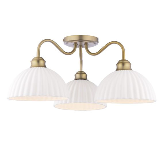 Durford 3 Light Semi-Flush Matt Antique Brass and White Ceramic