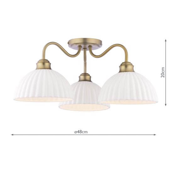 Durford 3 Light Semi-Flush Matt Antique Brass and White Ceramic