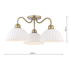 Durford 3 Light Semi-Flush Matt Antique Brass and White Ceramic