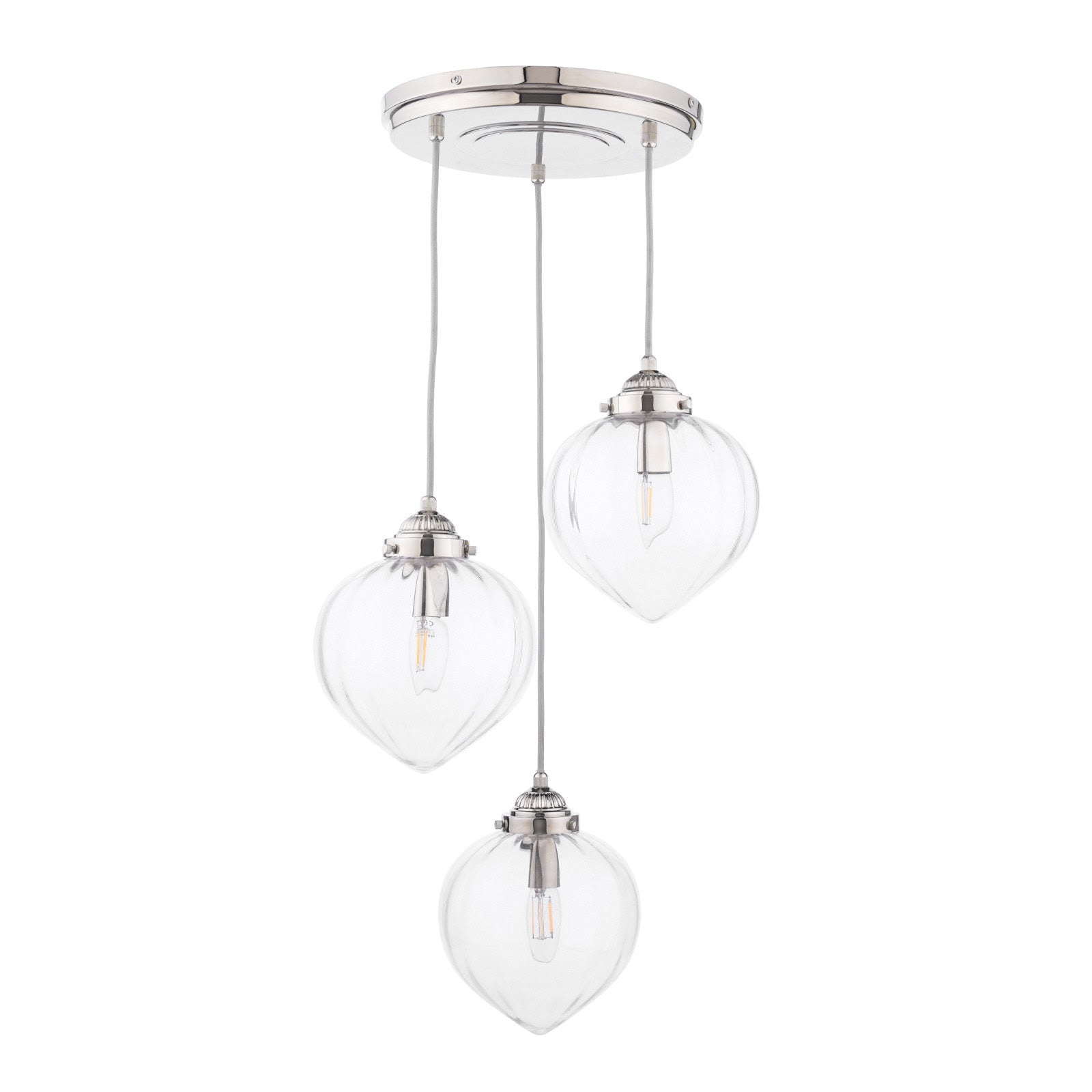 Whitham 3 Light Cluster Pendant Polished Nickel/Antique Brass and Ribbed Glass E14