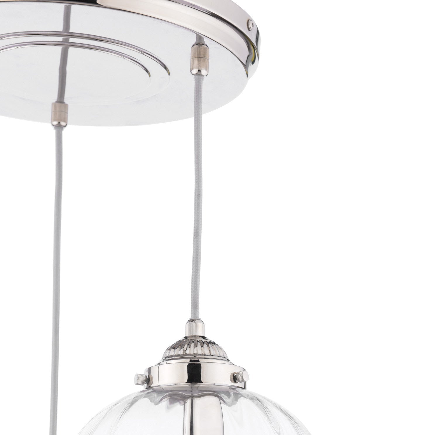 Whitham 3 Light Cluster Pendant Polished Nickel/Antique Brass and Ribbed Glass E14