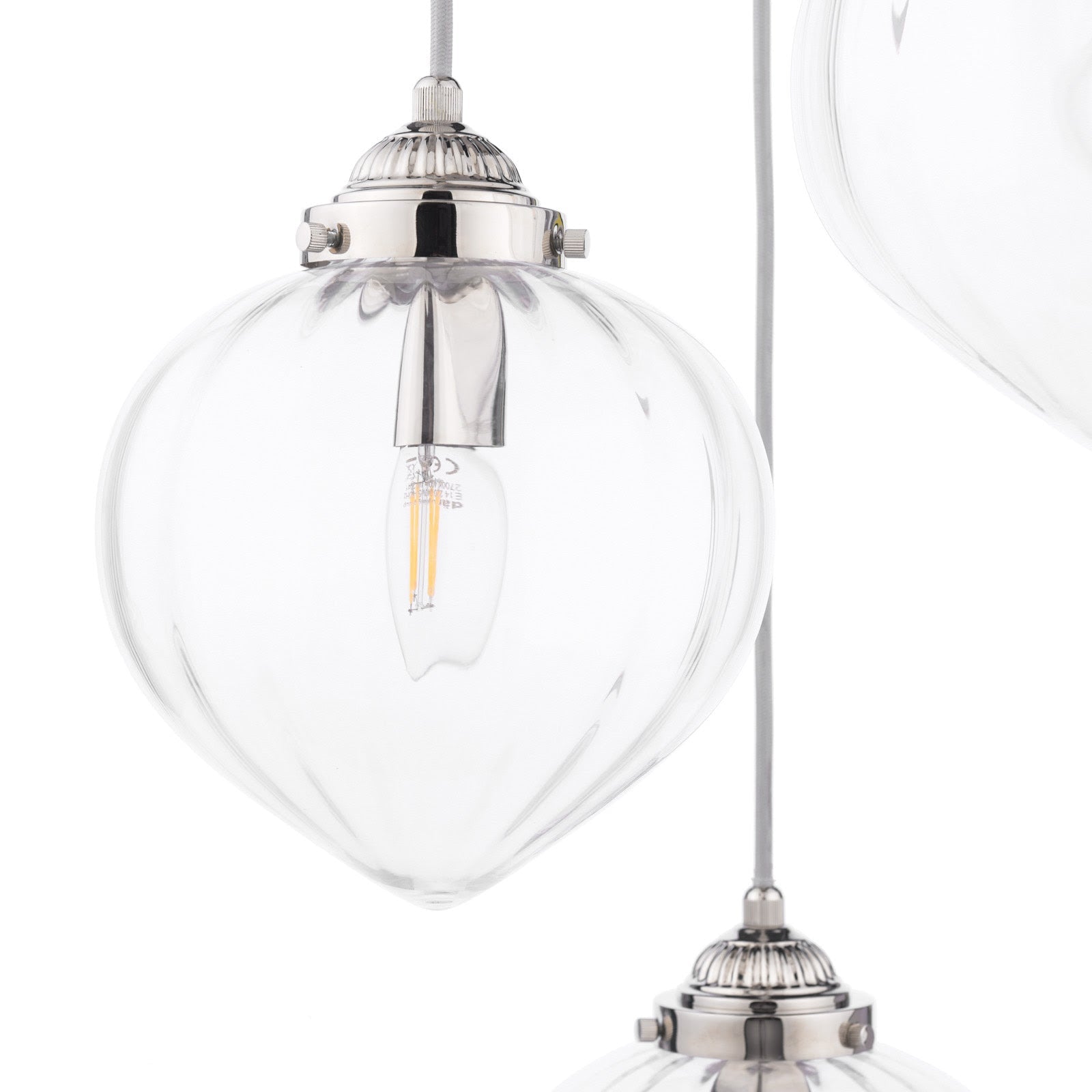 Whitham 3 Light Cluster Pendant Polished Nickel/Antique Brass and Ribbed Glass E14