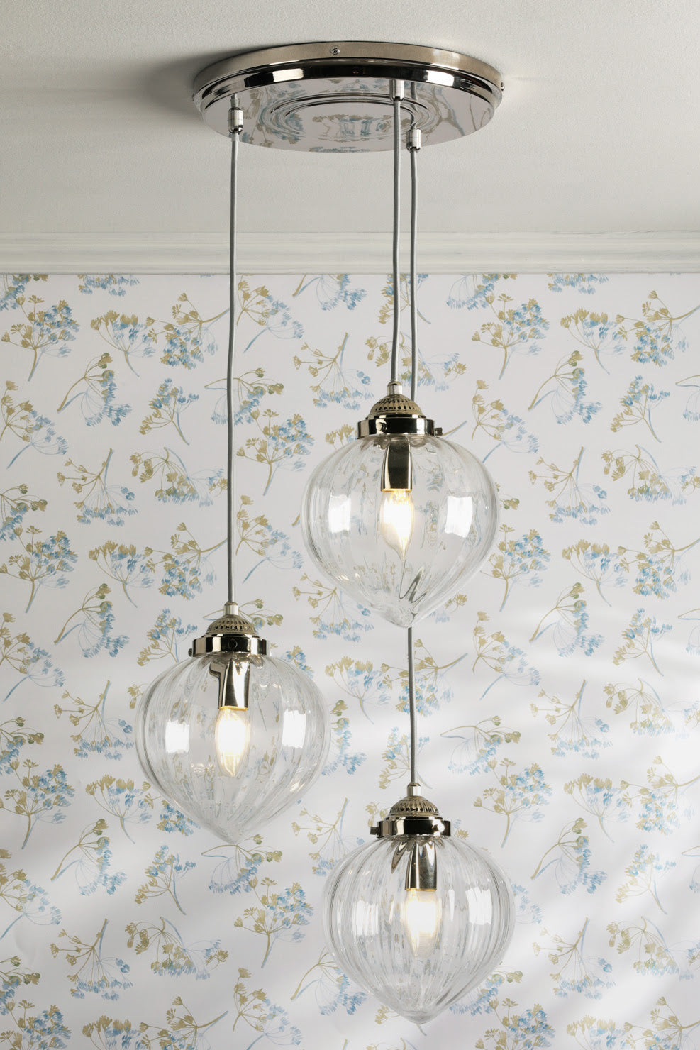 Whitham 3 Light Cluster Pendant Polished Nickel/Antique Brass and Ribbed Glass E14
