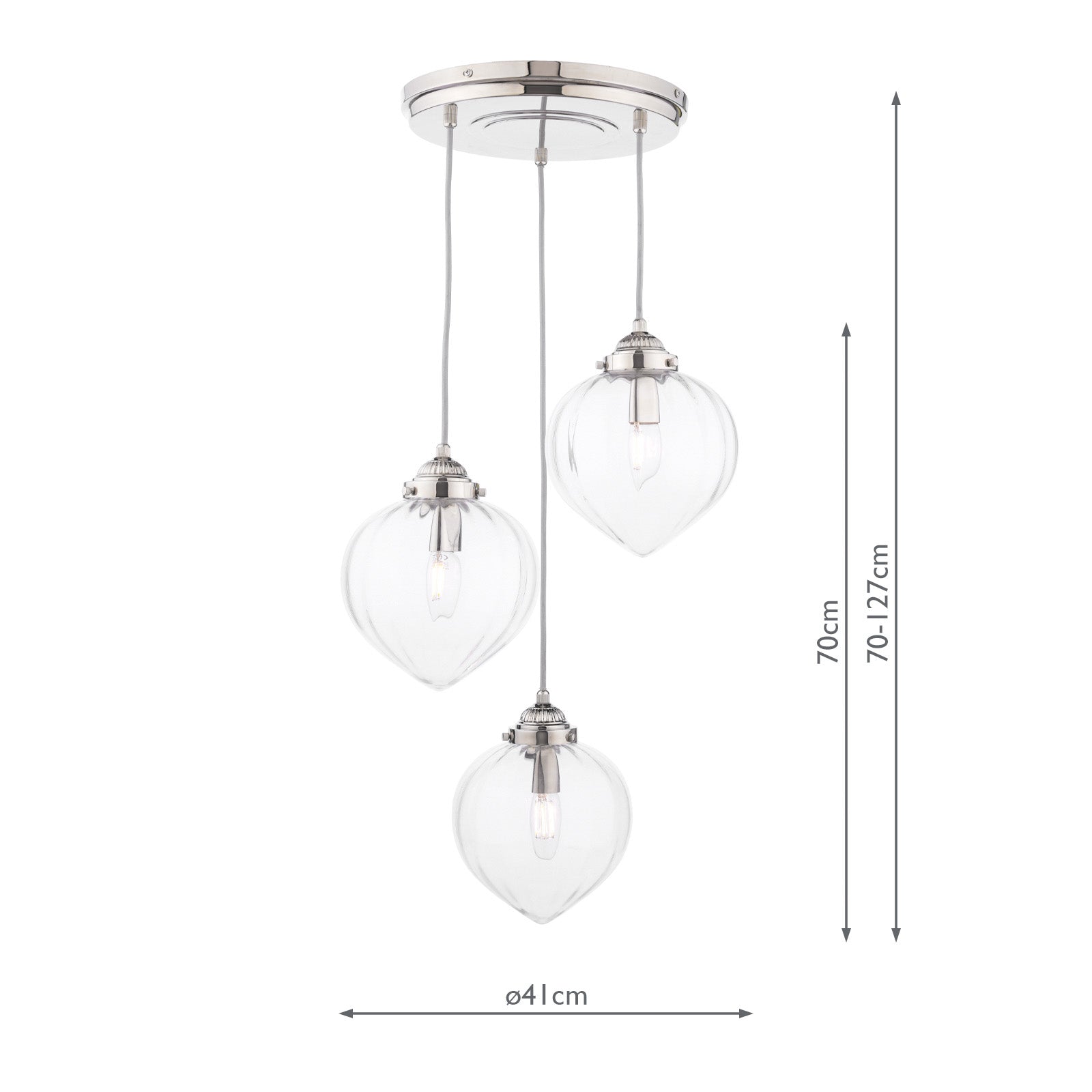 Whitham 3 Light Cluster Pendant Polished Nickel/Antique Brass and Ribbed Glass E14