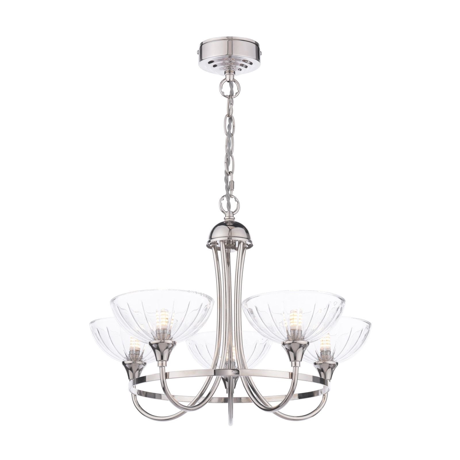 Wellham 5 Light Armed Pendant- Polished Nickel/Antique Brass and Ribbed Glass