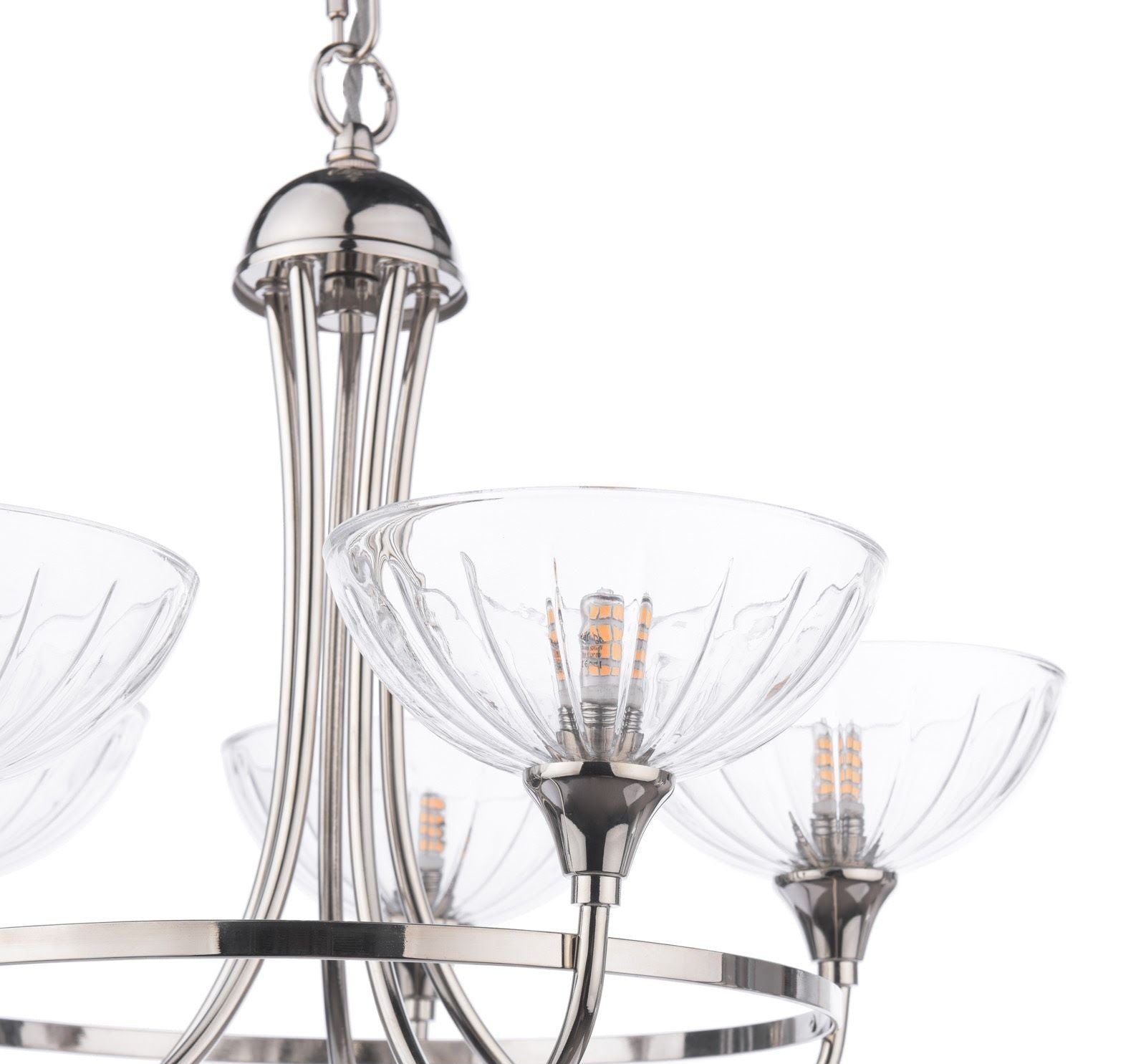 Wellham 5 Light Armed Pendant- Polished Nickel/Antique Brass and Ribbed Glass