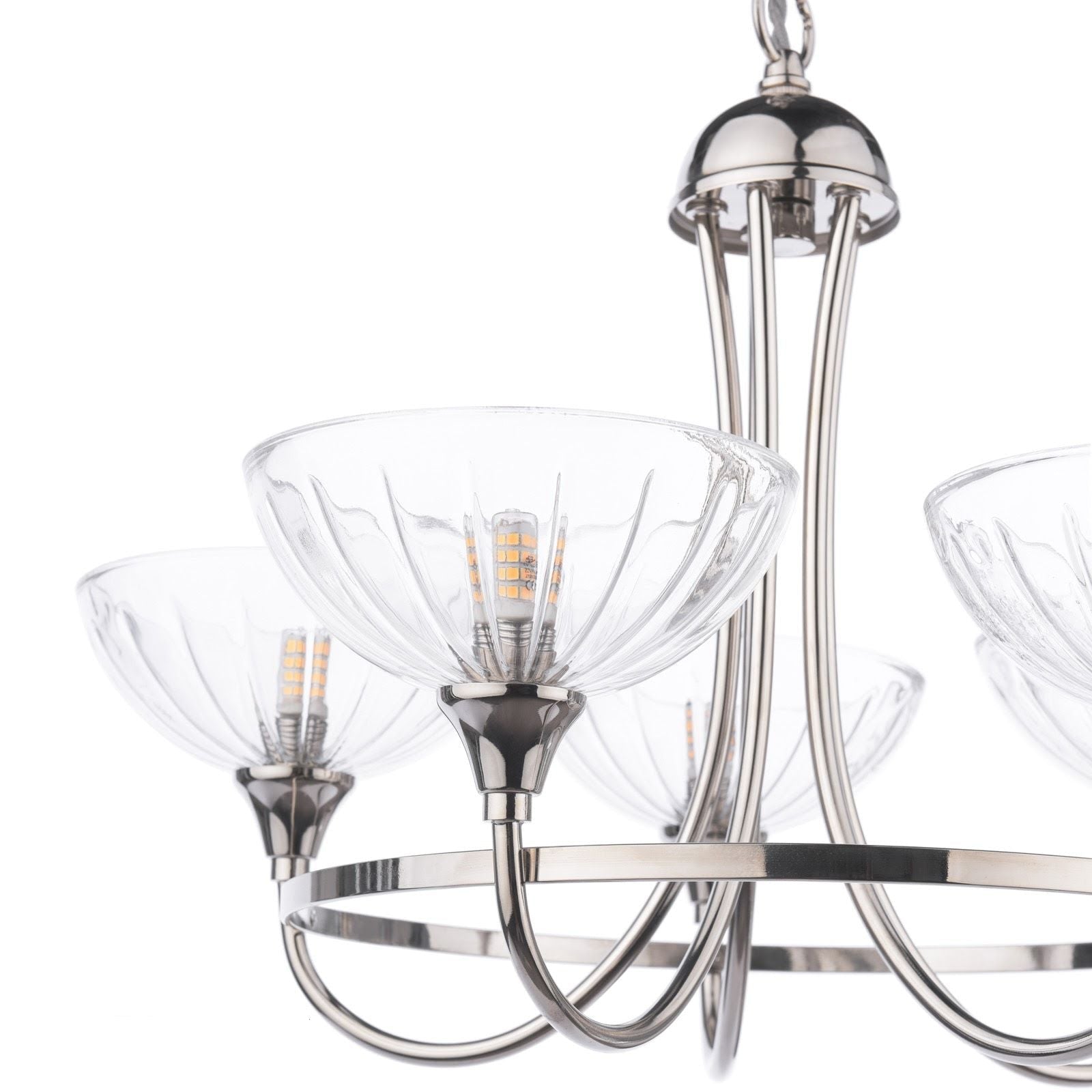 Wellham 5 Light Armed Pendant- Polished Nickel/Antique Brass and Ribbed Glass