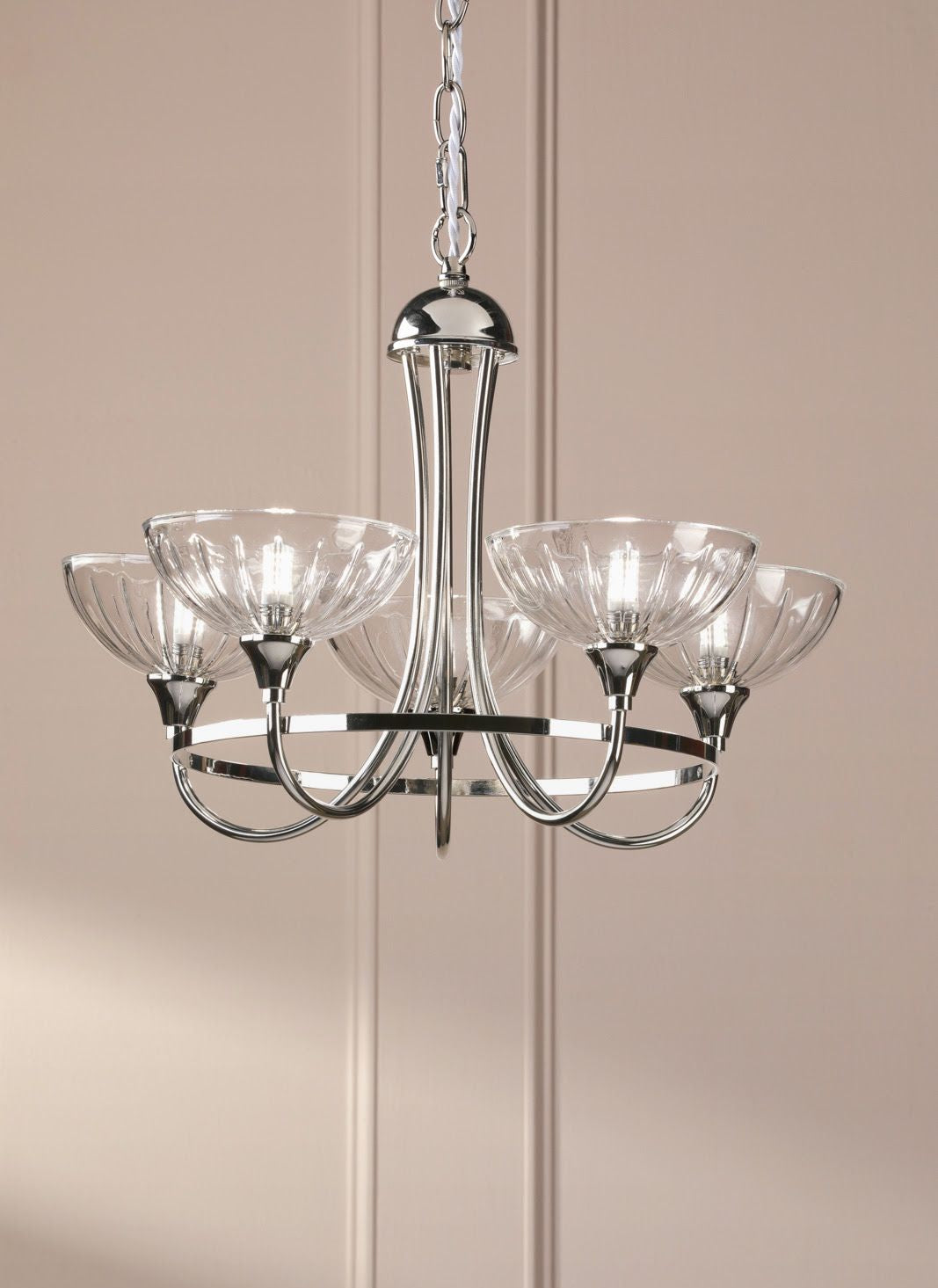 Wellham 5 Light Armed Pendant- Polished Nickel/Antique Brass and Ribbed Glass