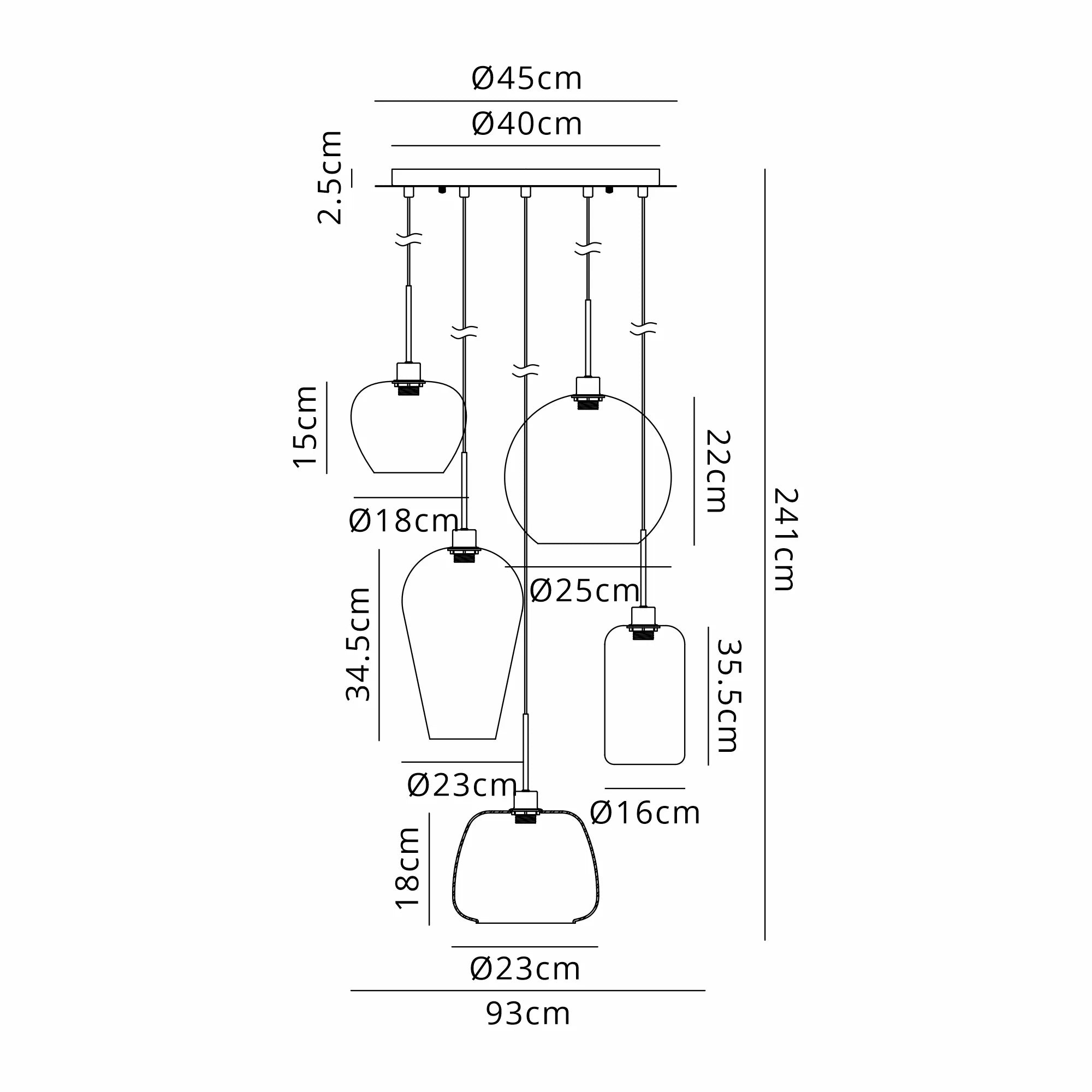 Lori 5 Light Cluster Pendant Adjustable E27- Polished Chrome w Various Glass Finishes