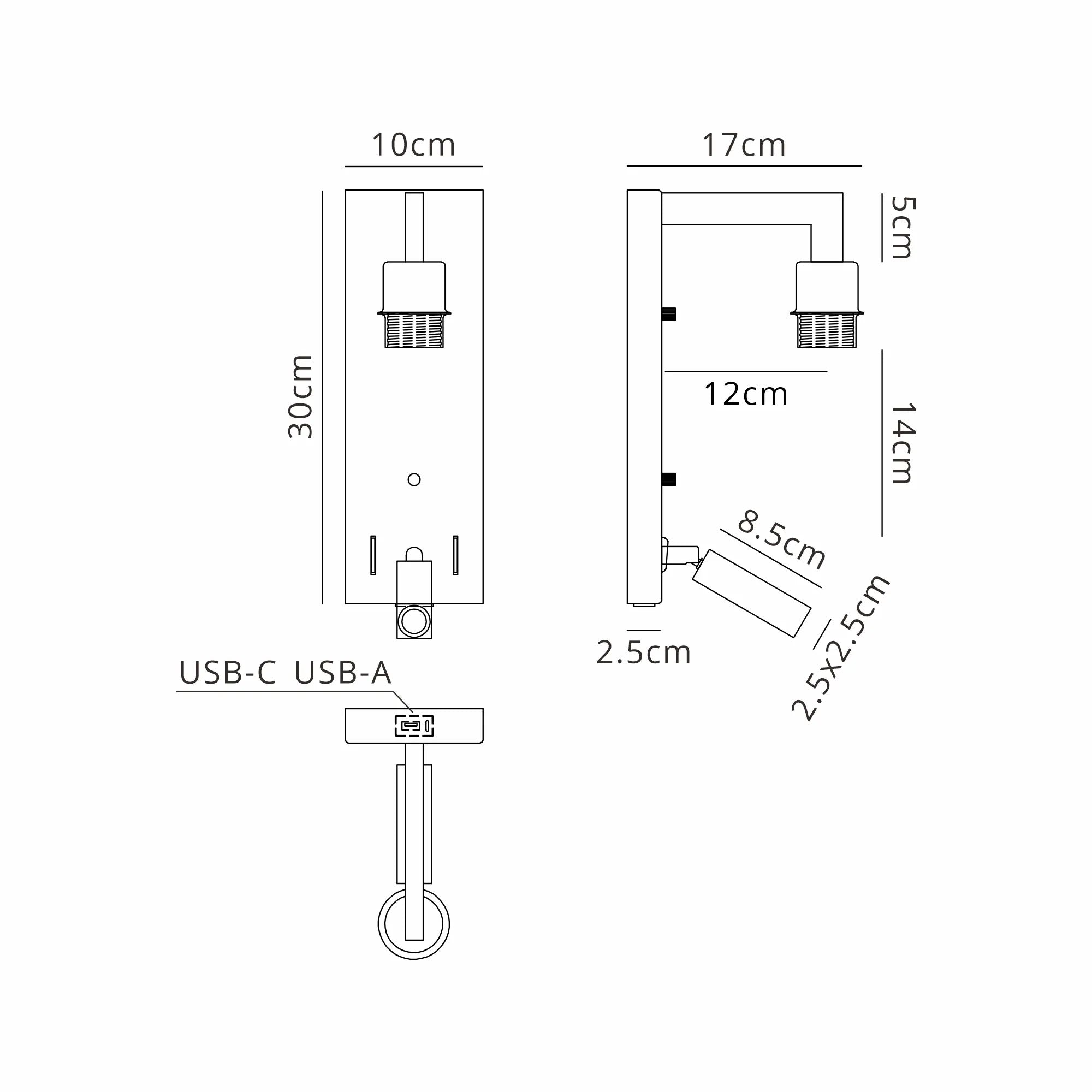 Braxton Wall Lamp (FRAME ONLY) Without Shade, 1 Light E27 + Reading Light USB-A & USB-C 3W LED, 3000K, 270lm