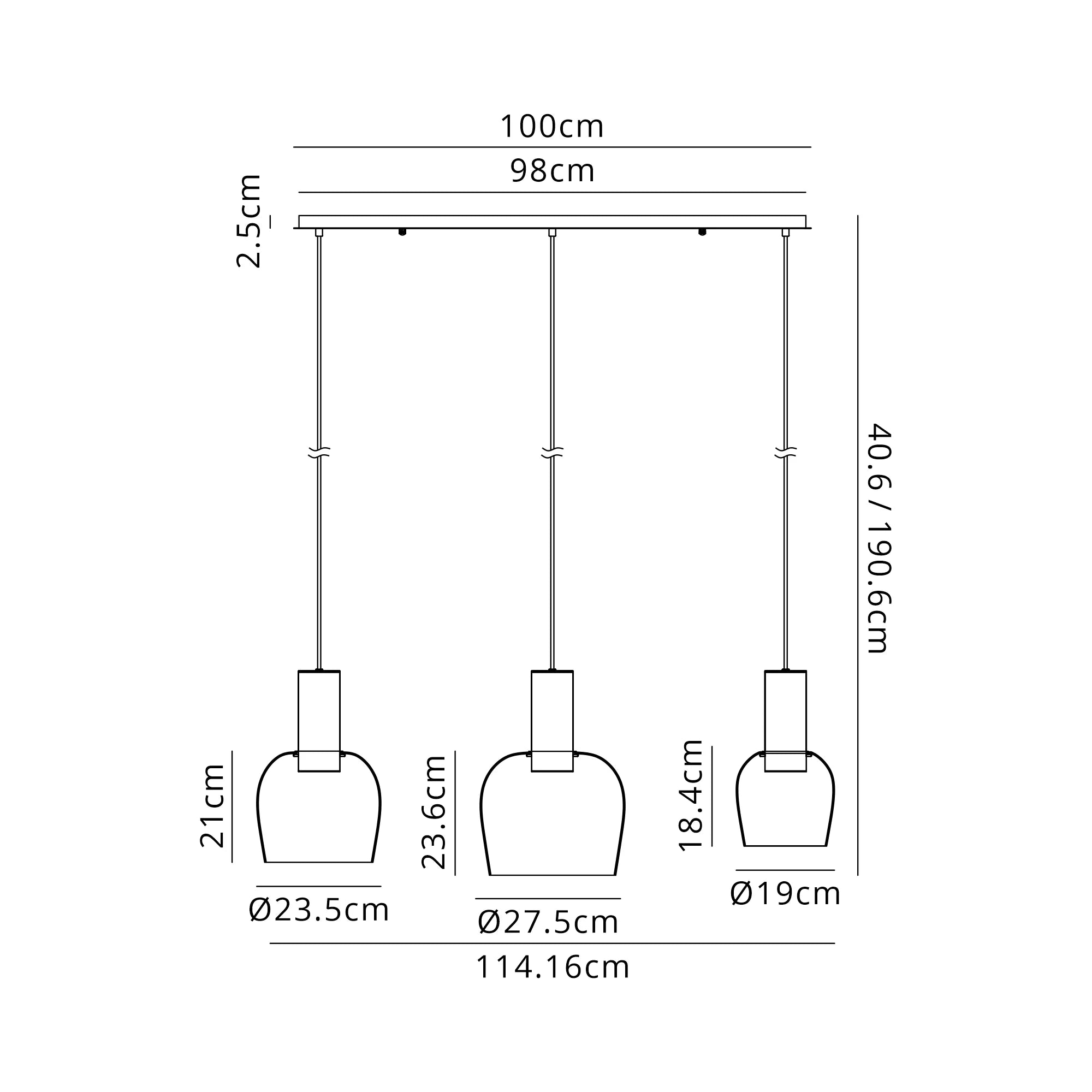 Camden 1m Linear Pendant, 3 x E27- Various Finishes