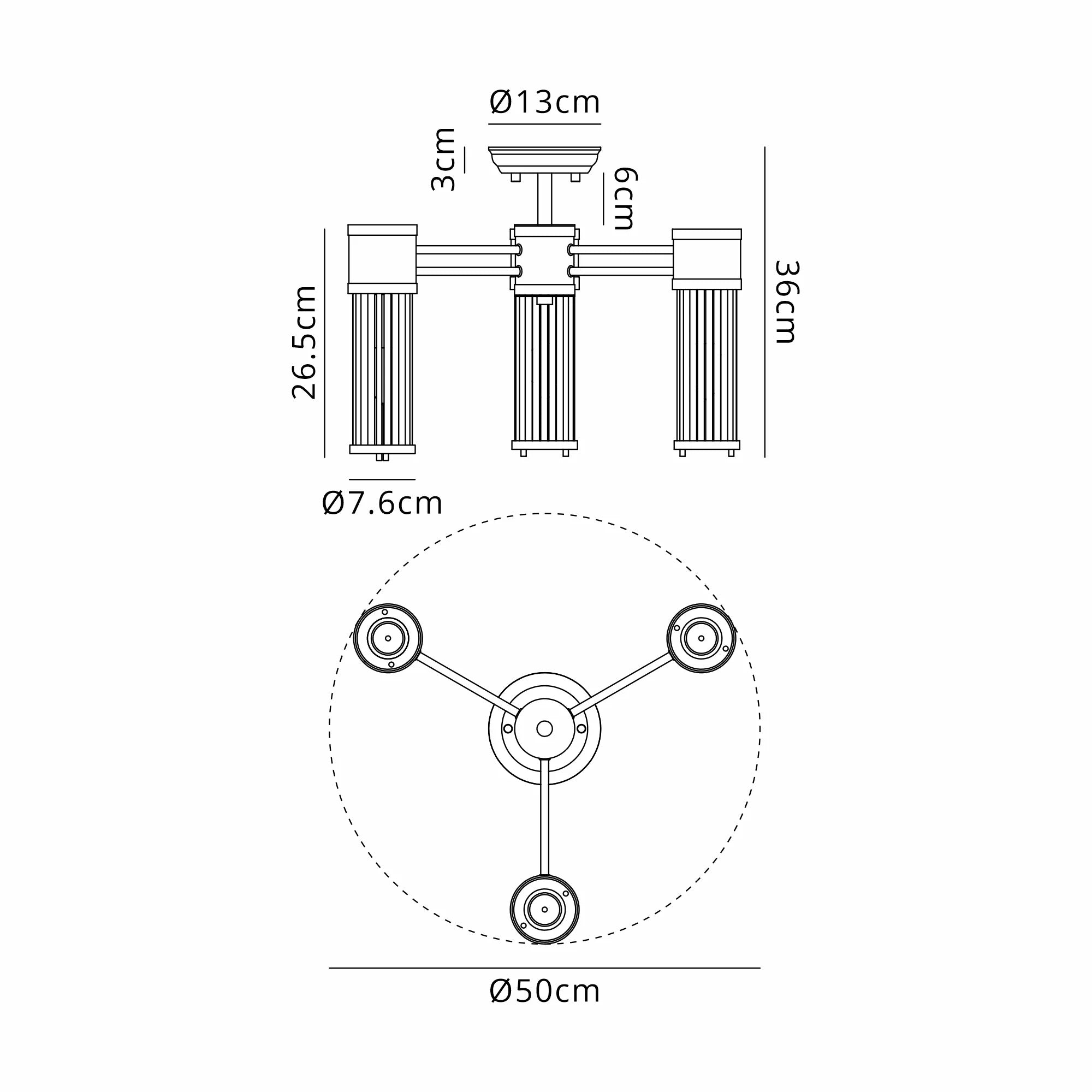 Gwen 3 Light Glass Rod Semi Flush, E14, IP44- Various Finishes