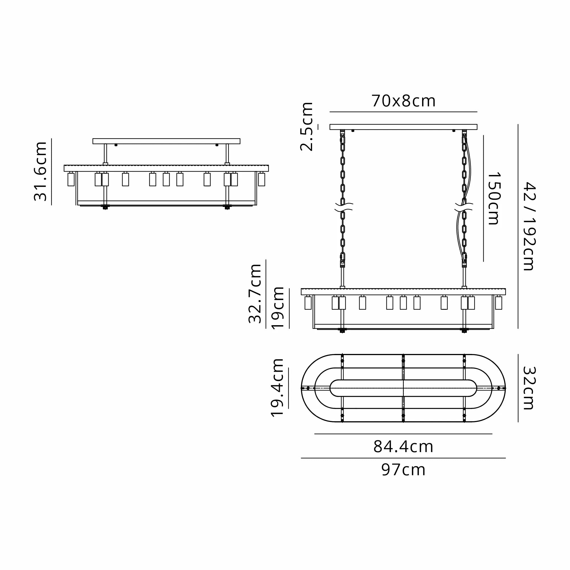 Jonas 100 x 35cm Oval Linear Pendant/Semi Ceiling- Various Finishes