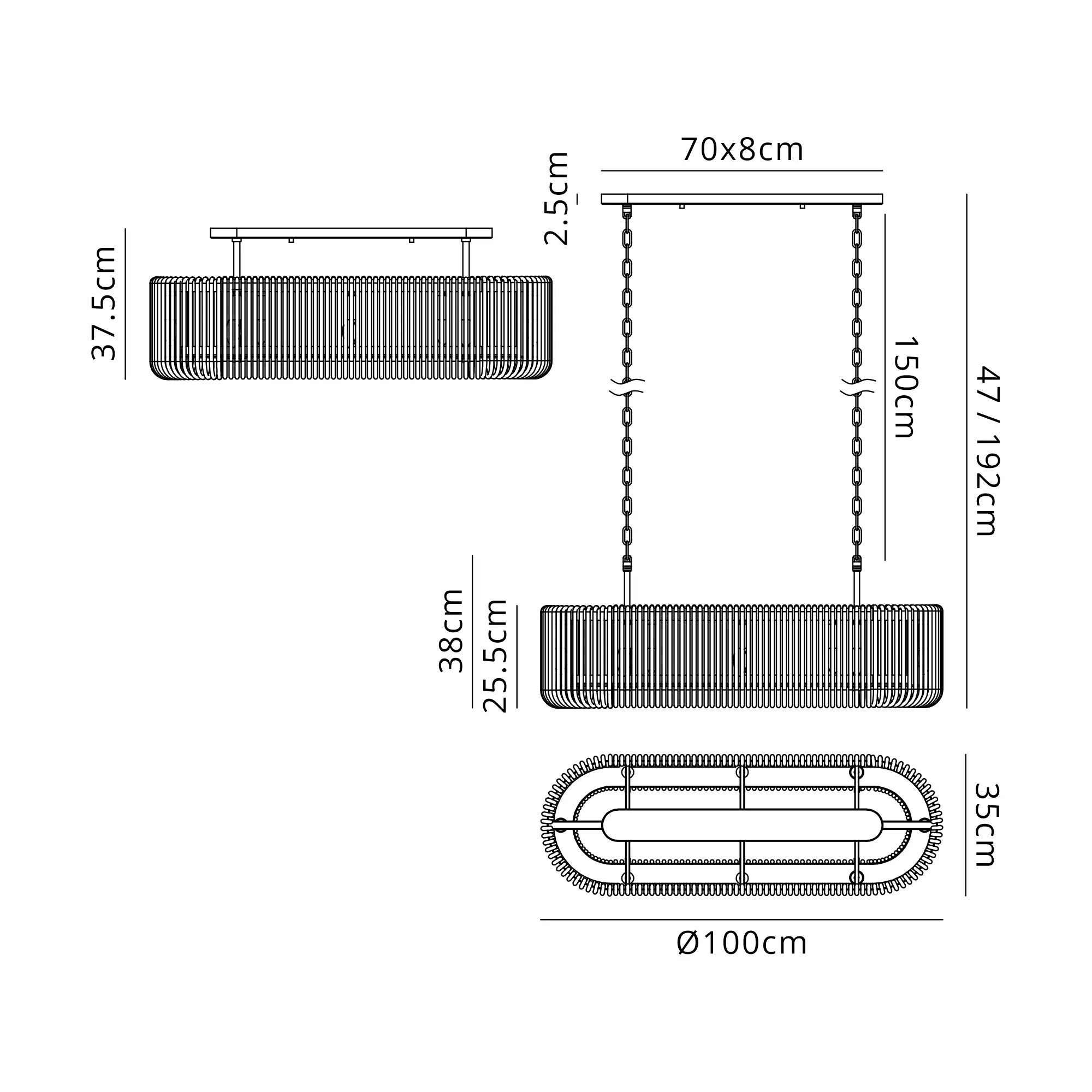 Jonas 100 x 35cm Oval Linear Pendant/Semi Ceiling- Various Finishes