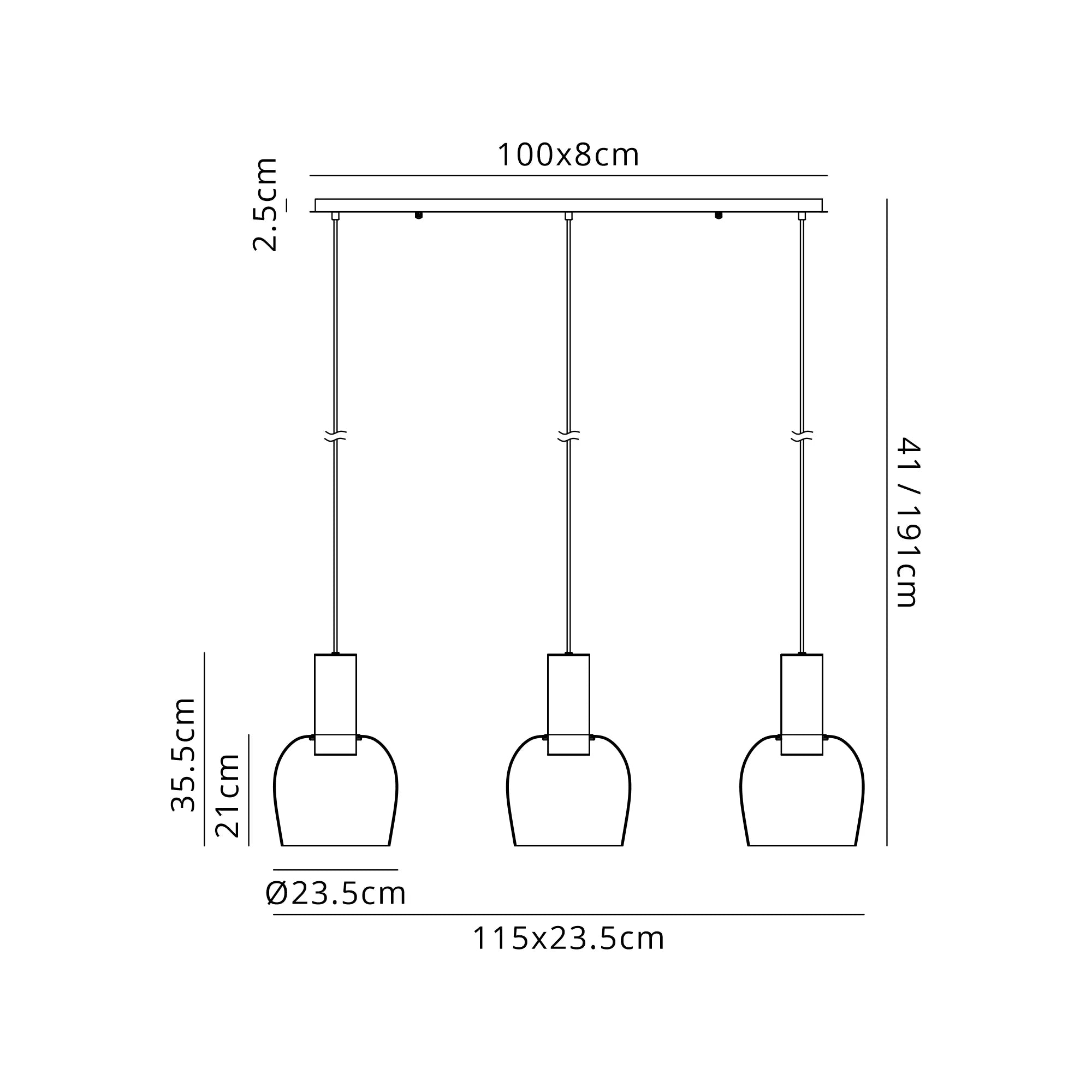 Camden 3Lt Linear Pendant- Various Sizes & Finishes