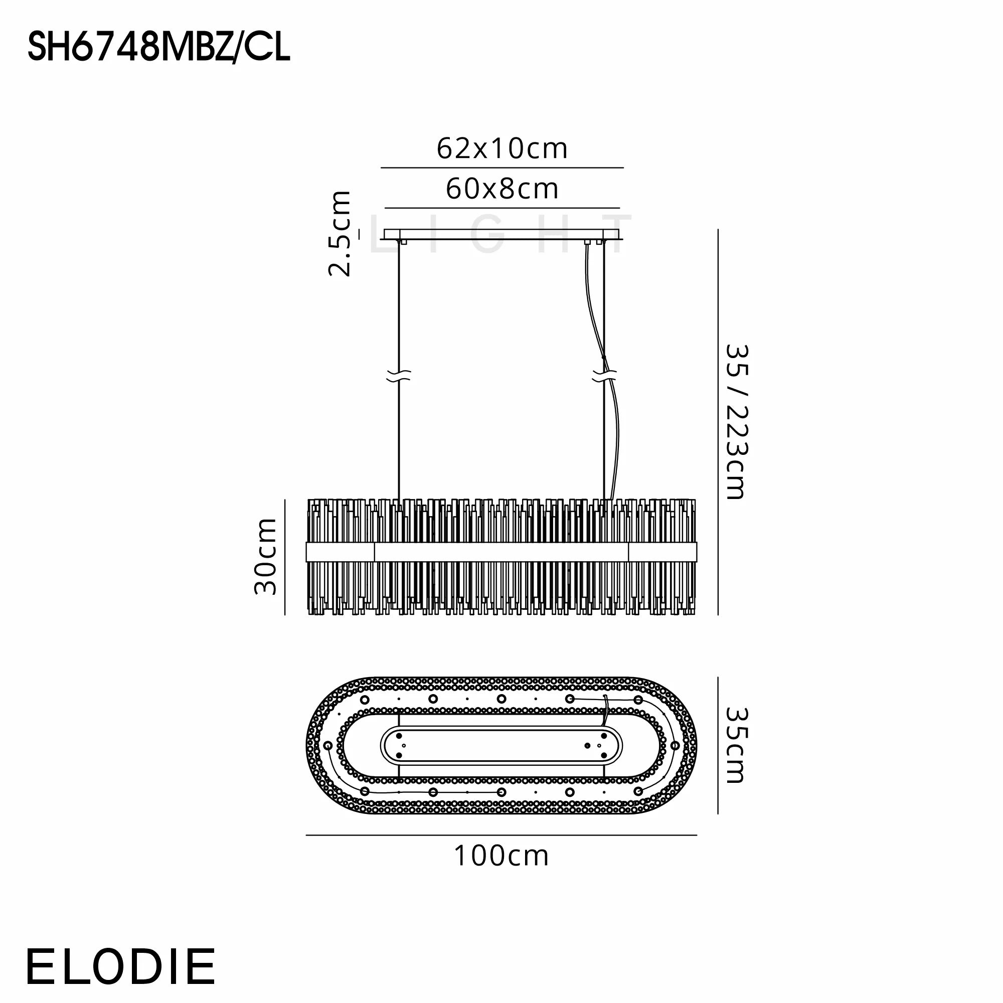 Erin 24/36Lt Oblong Glass Rod Light- Various Finishes